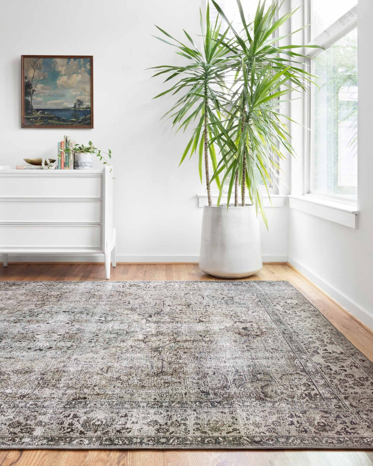 Traditional power-loomed area rug with distressed pattern in taupe and stone, rectangle