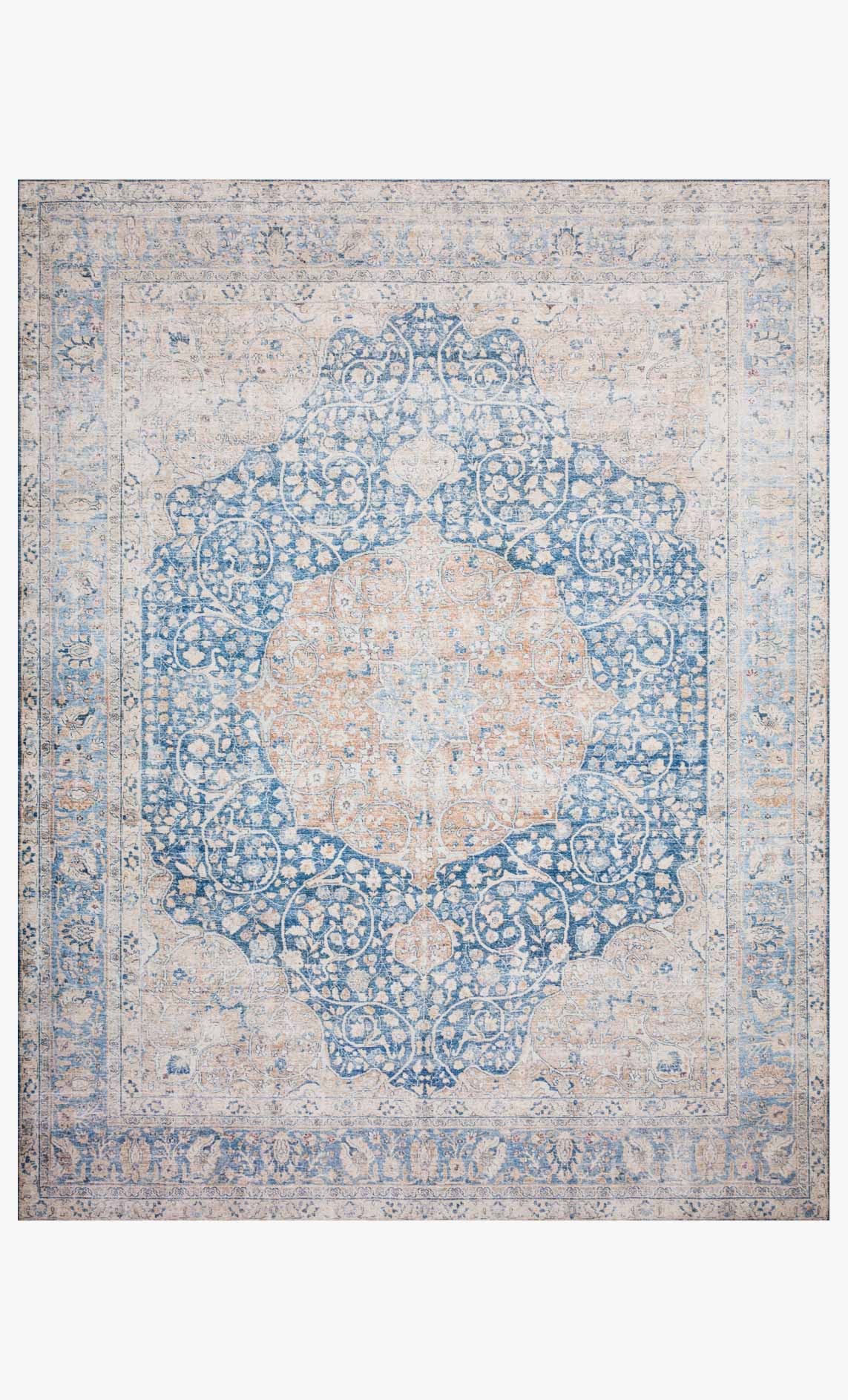 Blue and beige traditional rug with central medallion and ornate border pattern.