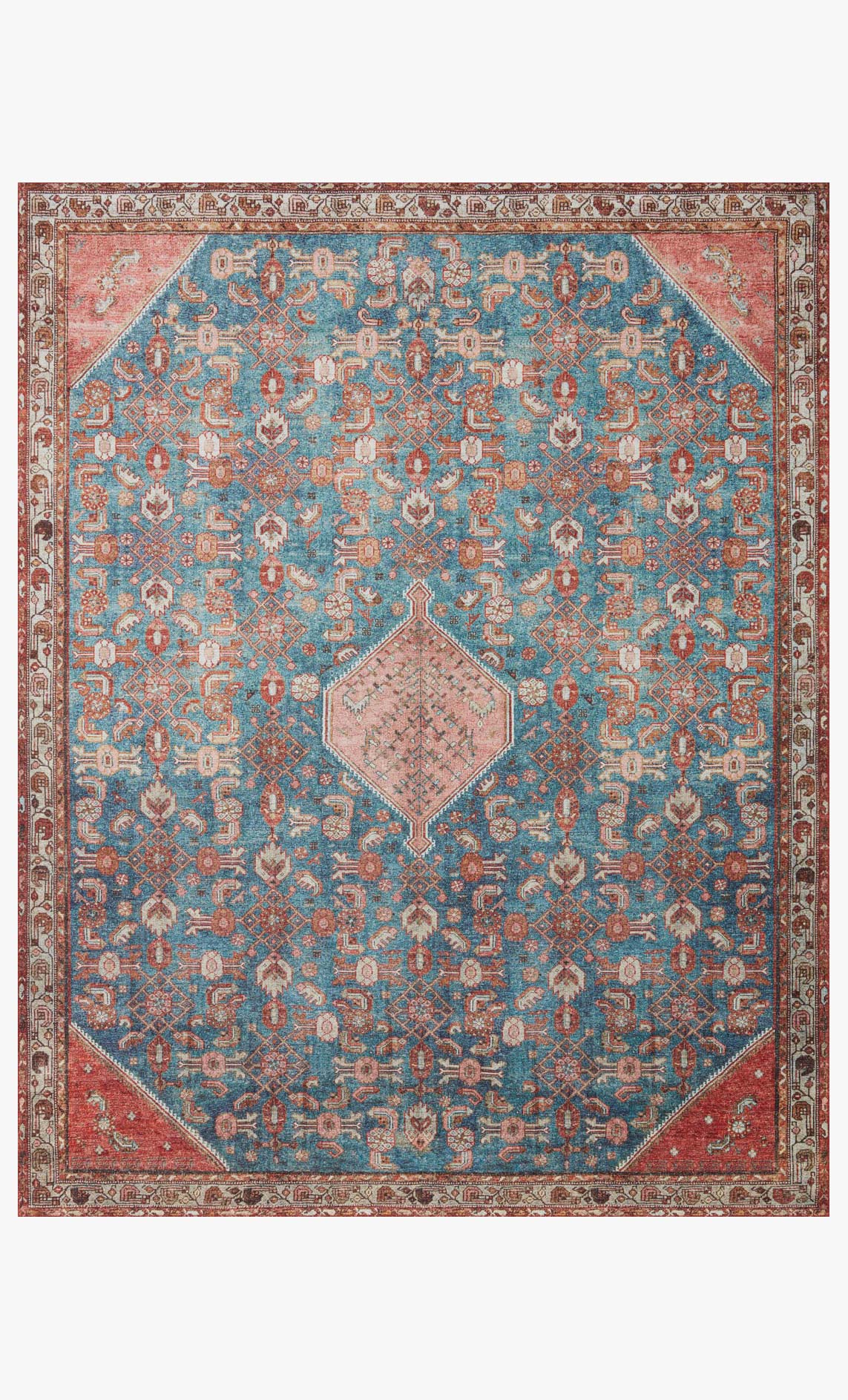 Traditional power-loomed rug with marine blue and clay red diamond medallion pattern