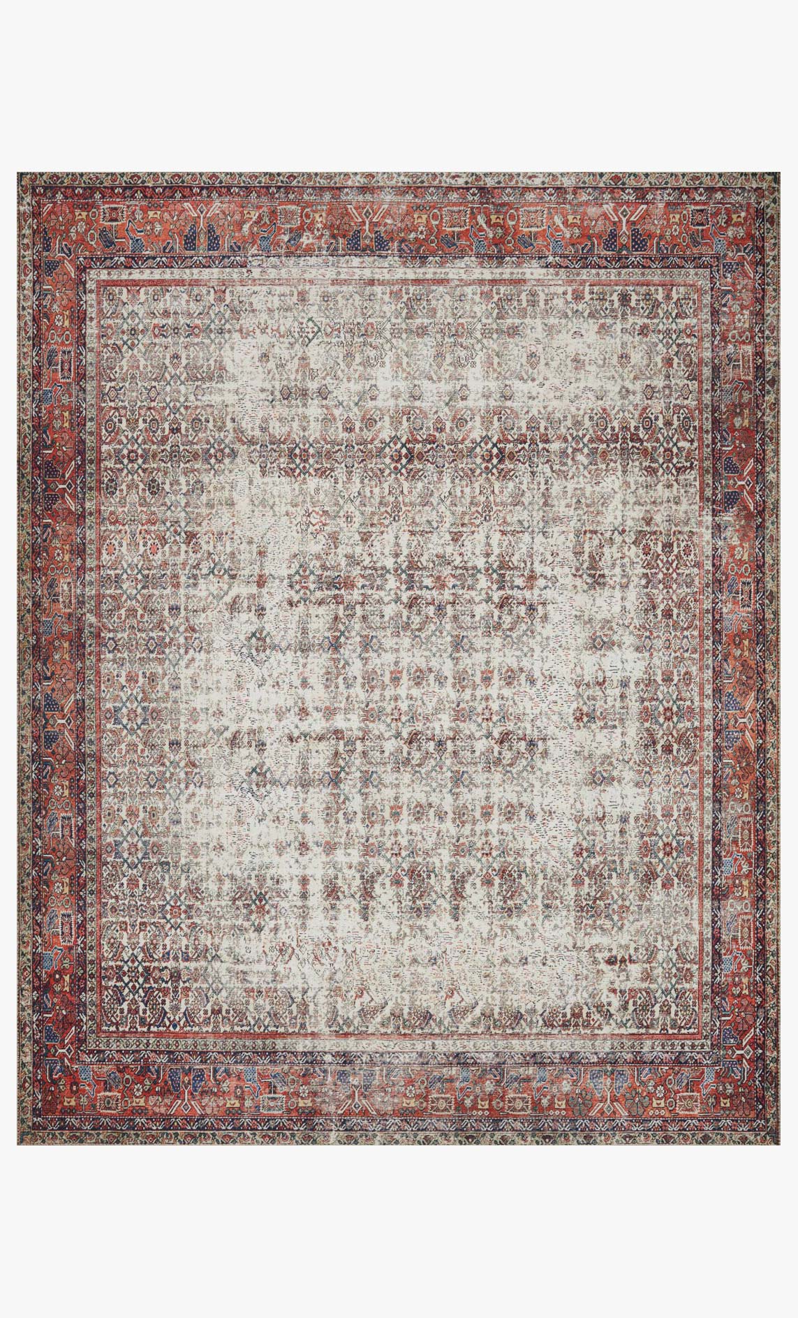 Traditional power-loomed rug with ivory center and brick border, ornate medallion pattern.
