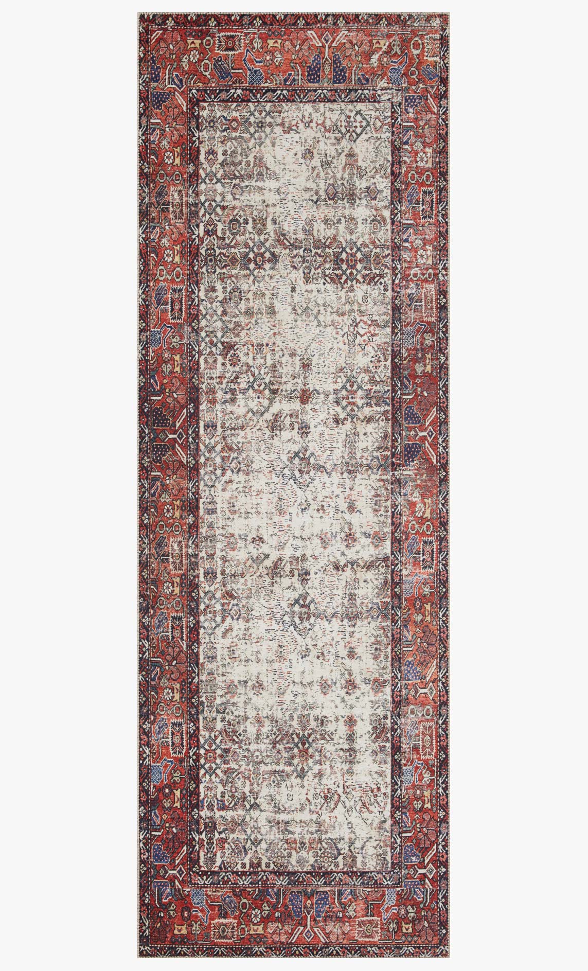 Traditional rug with ivory field, brick frame border, and dense ornamental detailing.