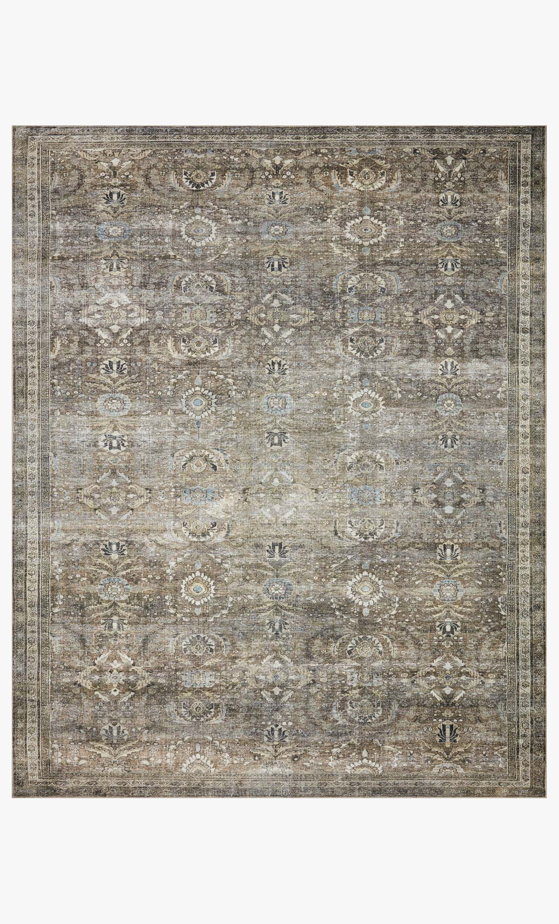 Traditional power-loomed area rug in antique grey with moss-green patterned motifs.