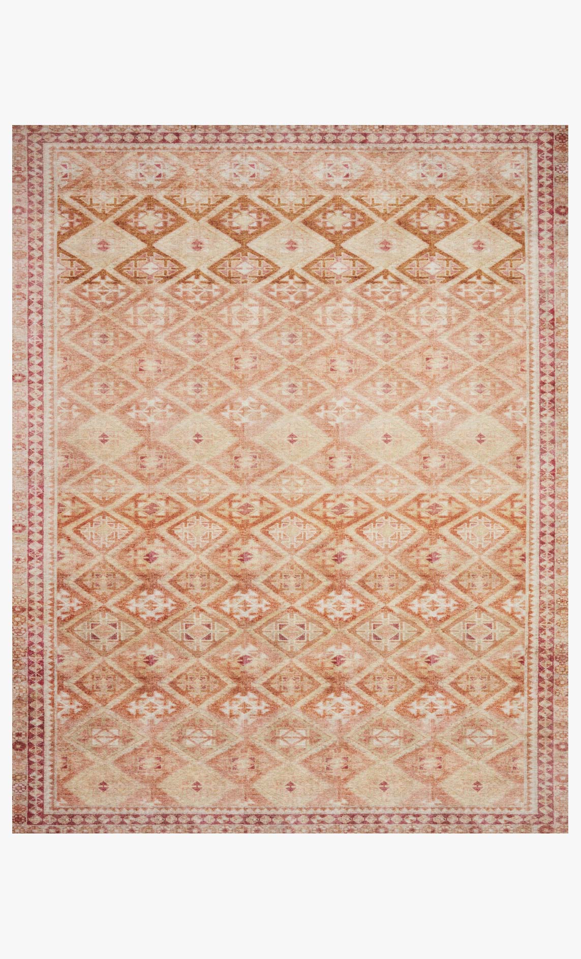 Traditional power-loomed rug with geometric pattern in natural beige and spice rust tones.