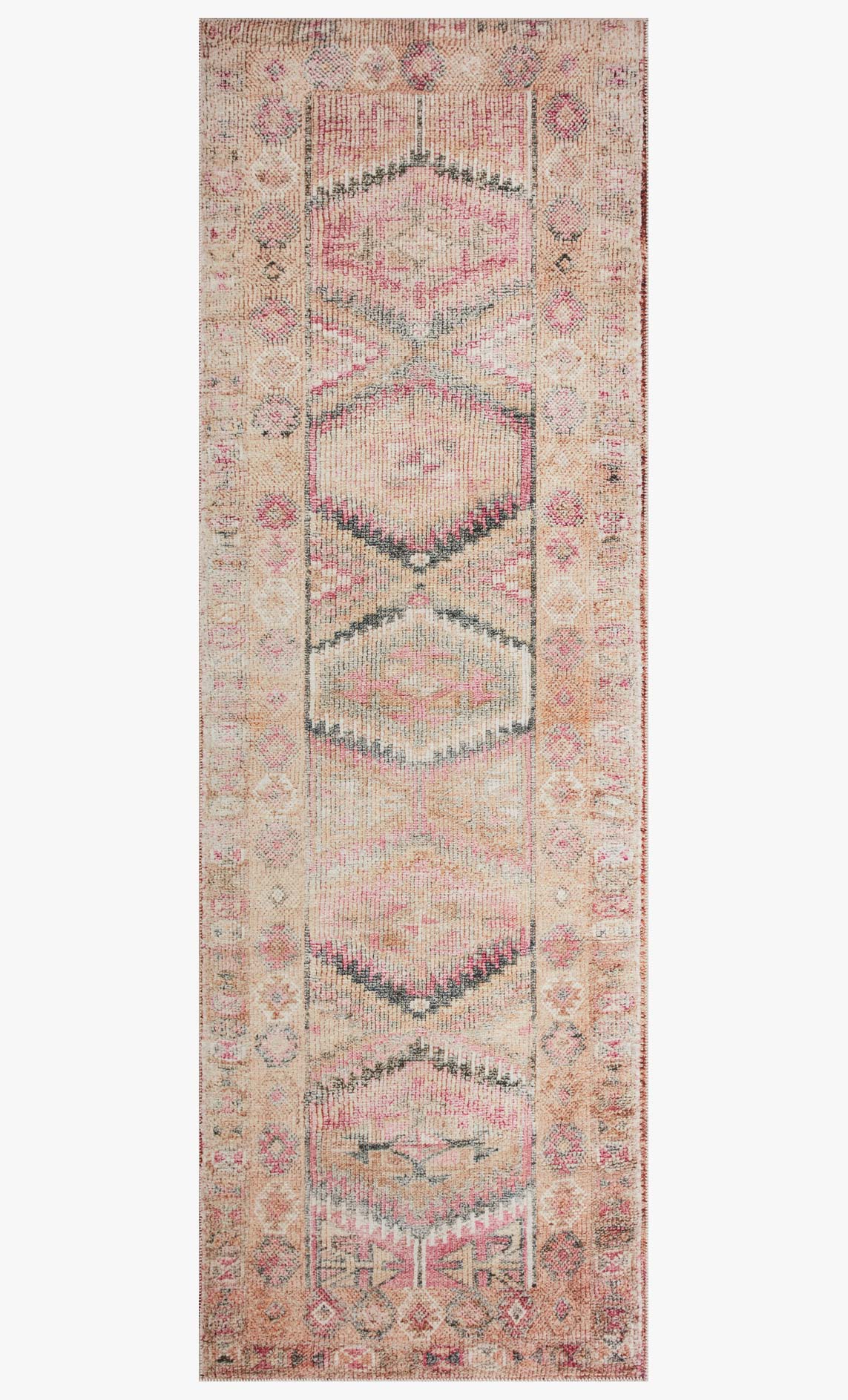 Traditional power-loomed rug vertical design with pink, lagoon, and beige medallions