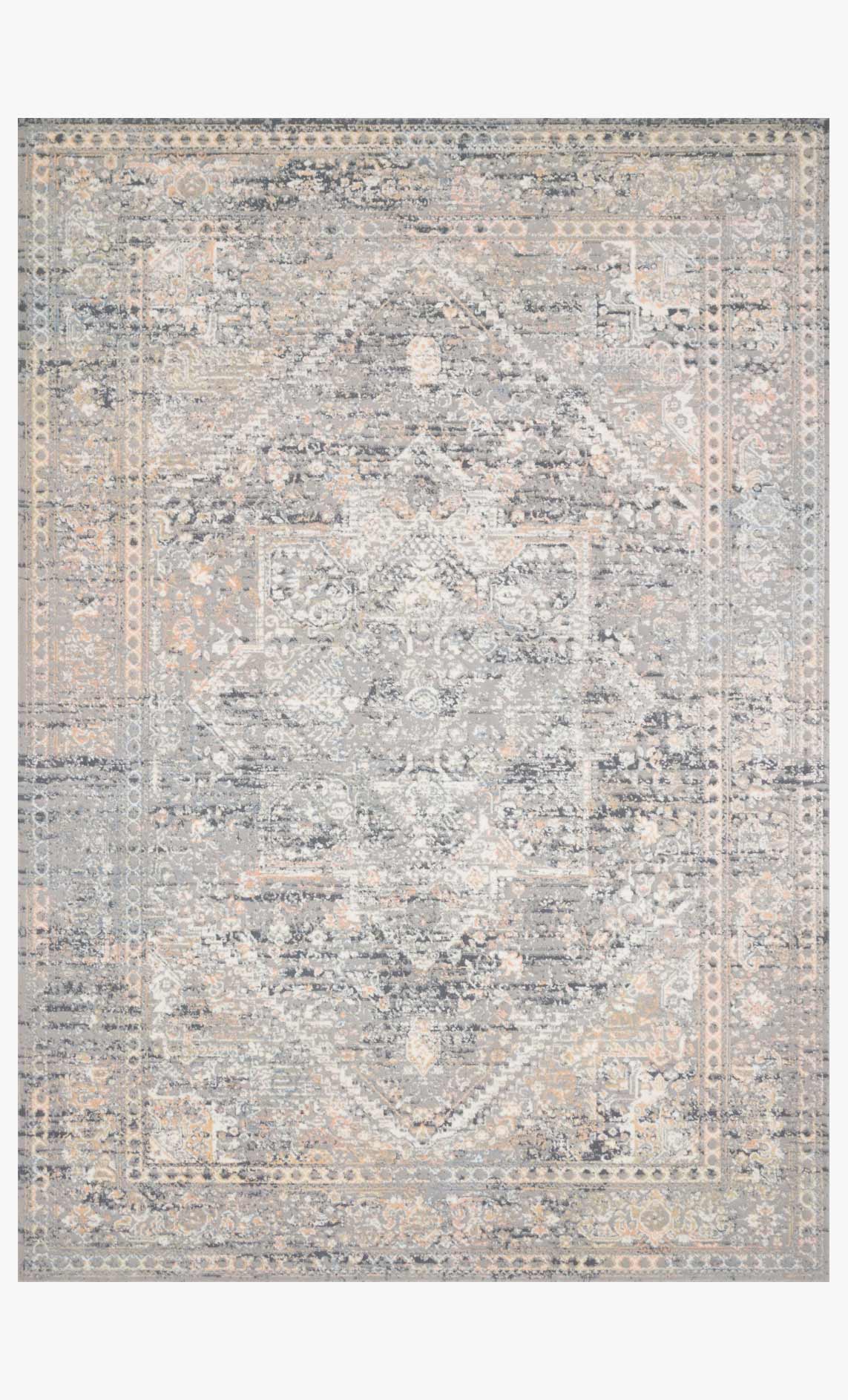 Light grey power-loomed rug with ornate distressed medallion and border pattern