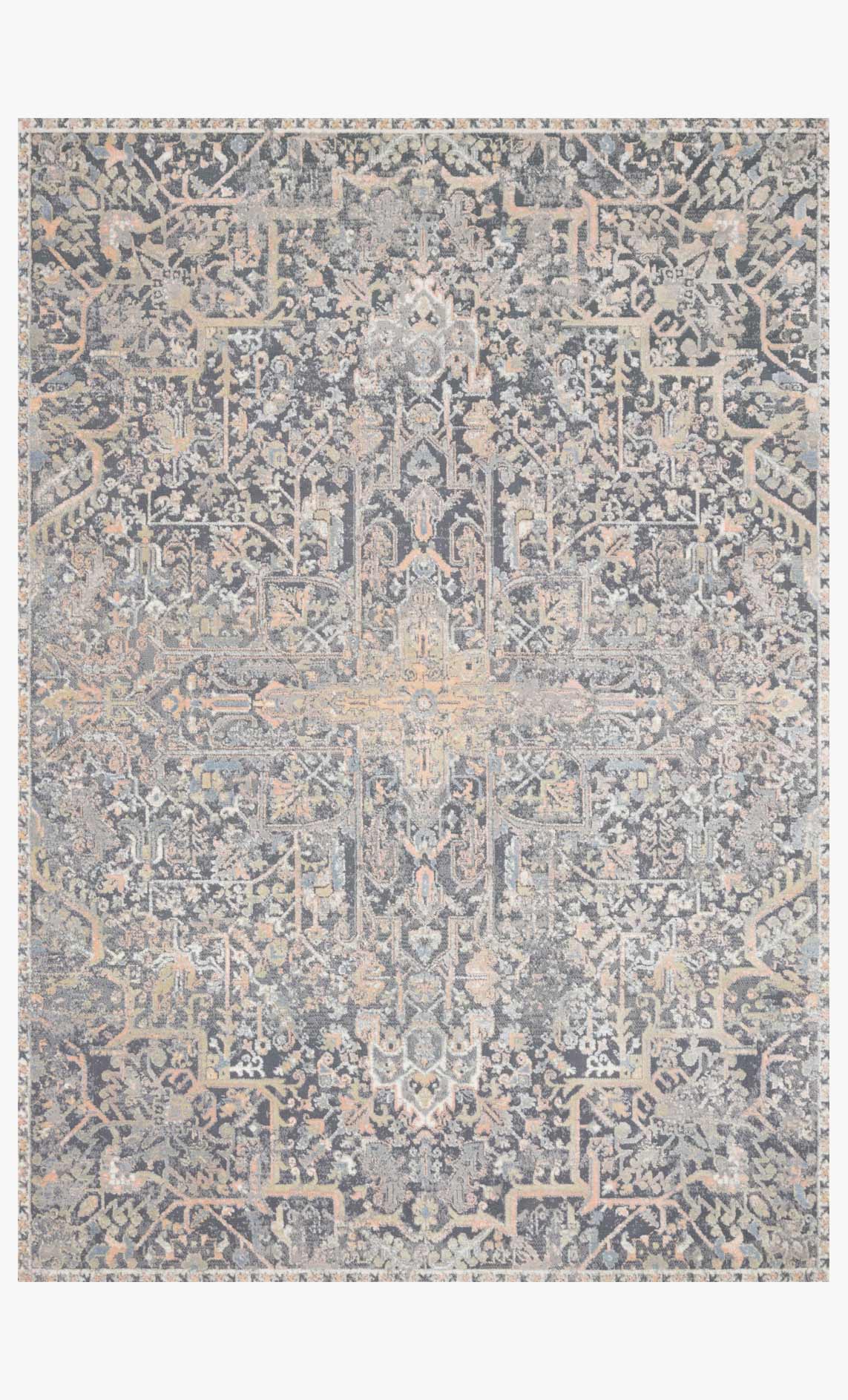 Power-loomed rug with ornate distressed pattern, charcoal blue and beige tones