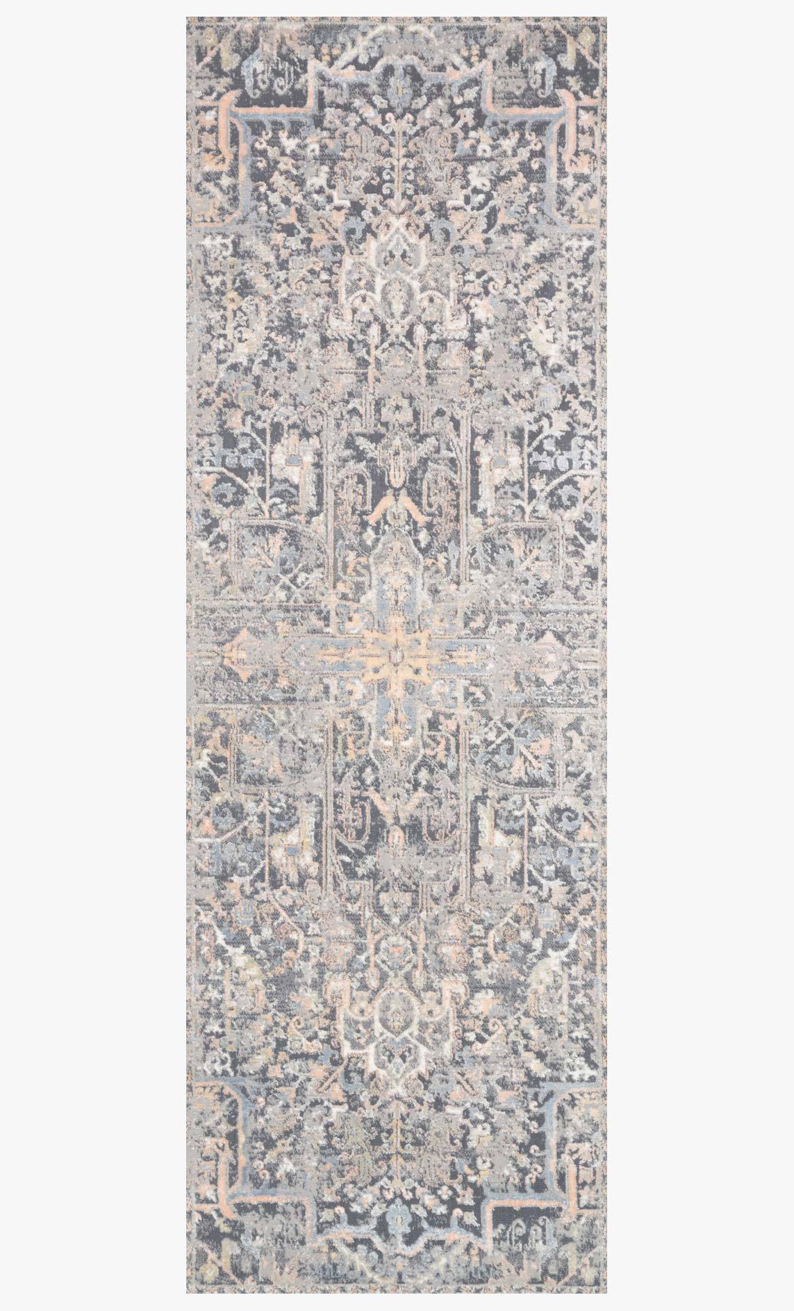 Power-loomed rug, vertical view of distressed ornate pattern in charcoal blue and beige