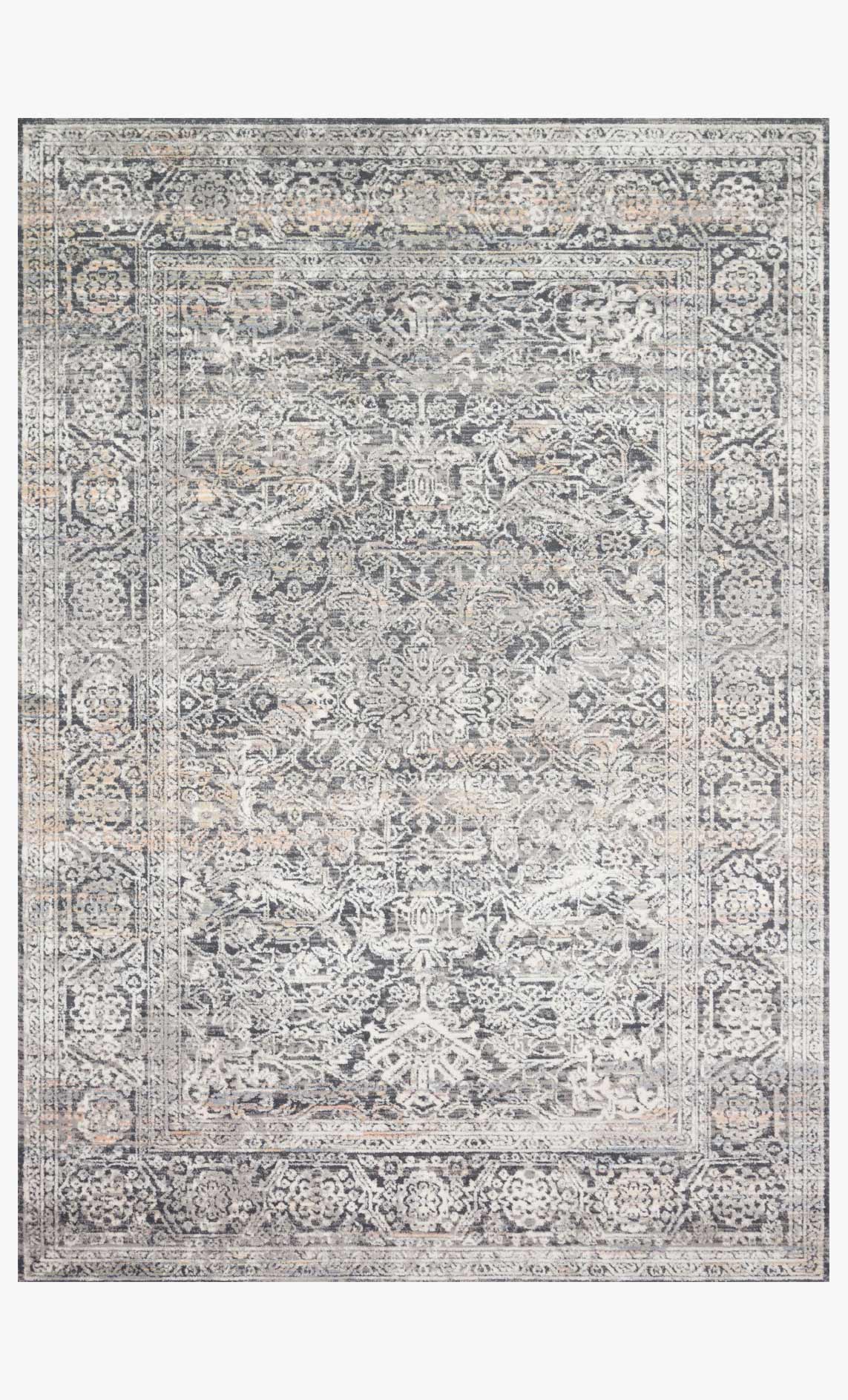 Transitional power-loomed rug with ornate steel and ivory medallion border design.