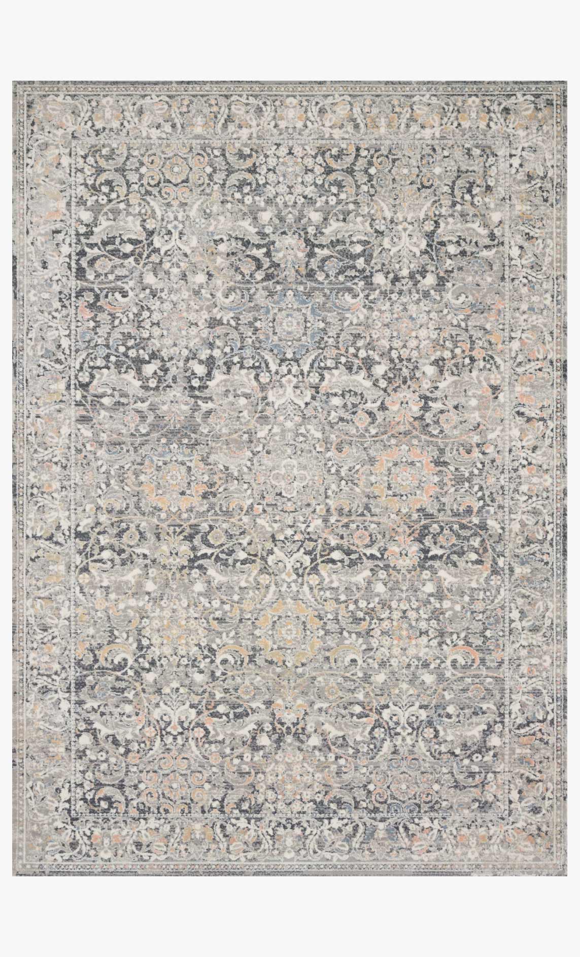 Grey and mist transitional rug with ornate medallion pattern and decorative border.