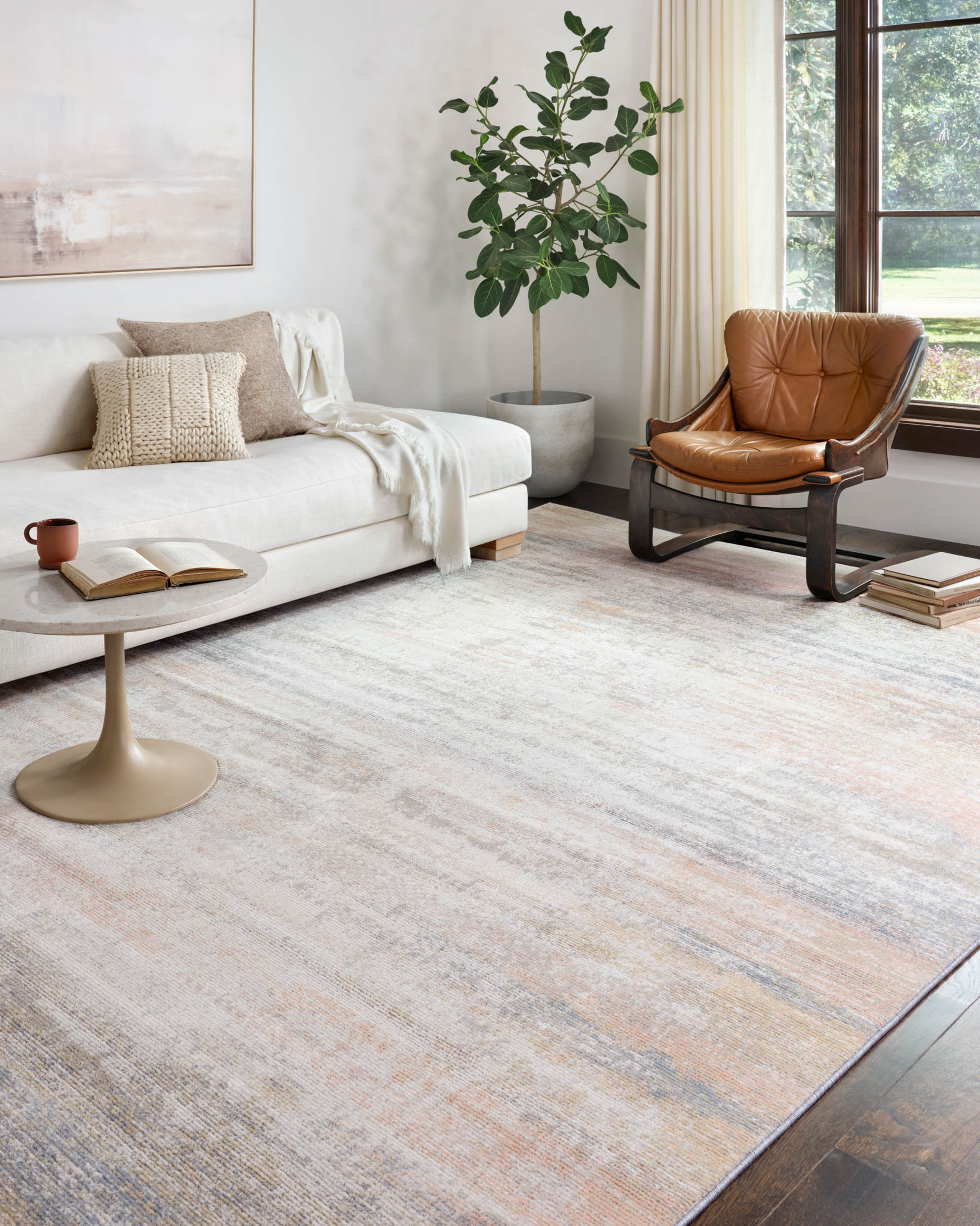 Transitional power loomed rug in mist tone with light beige and blue-gray abstract pattern
