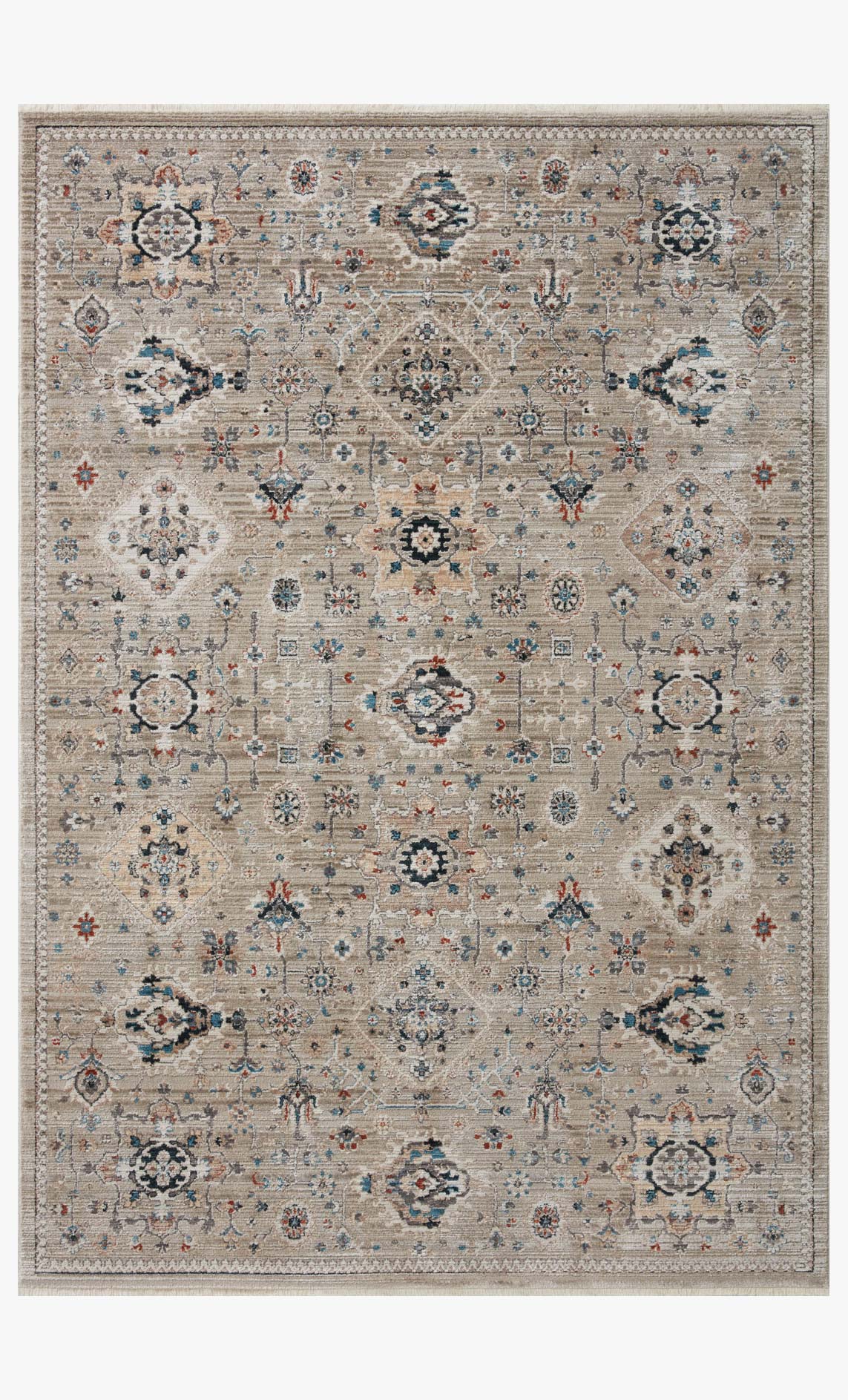 Transitional power-loomed rug in dove with ornate medallion and diamond motifs.