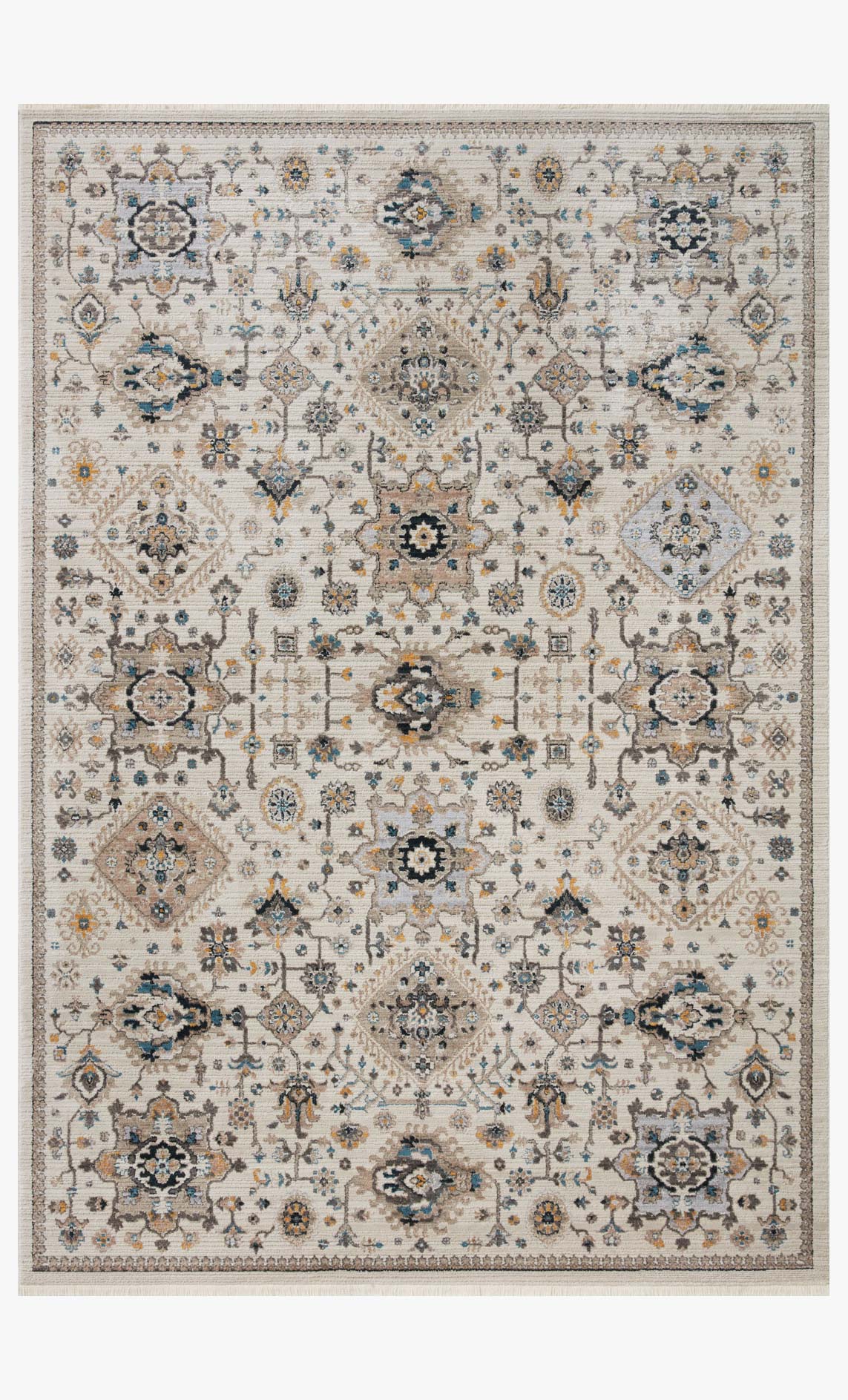 Ivory and taupe power-loomed rug with ornate navy and teal medallion pattern.