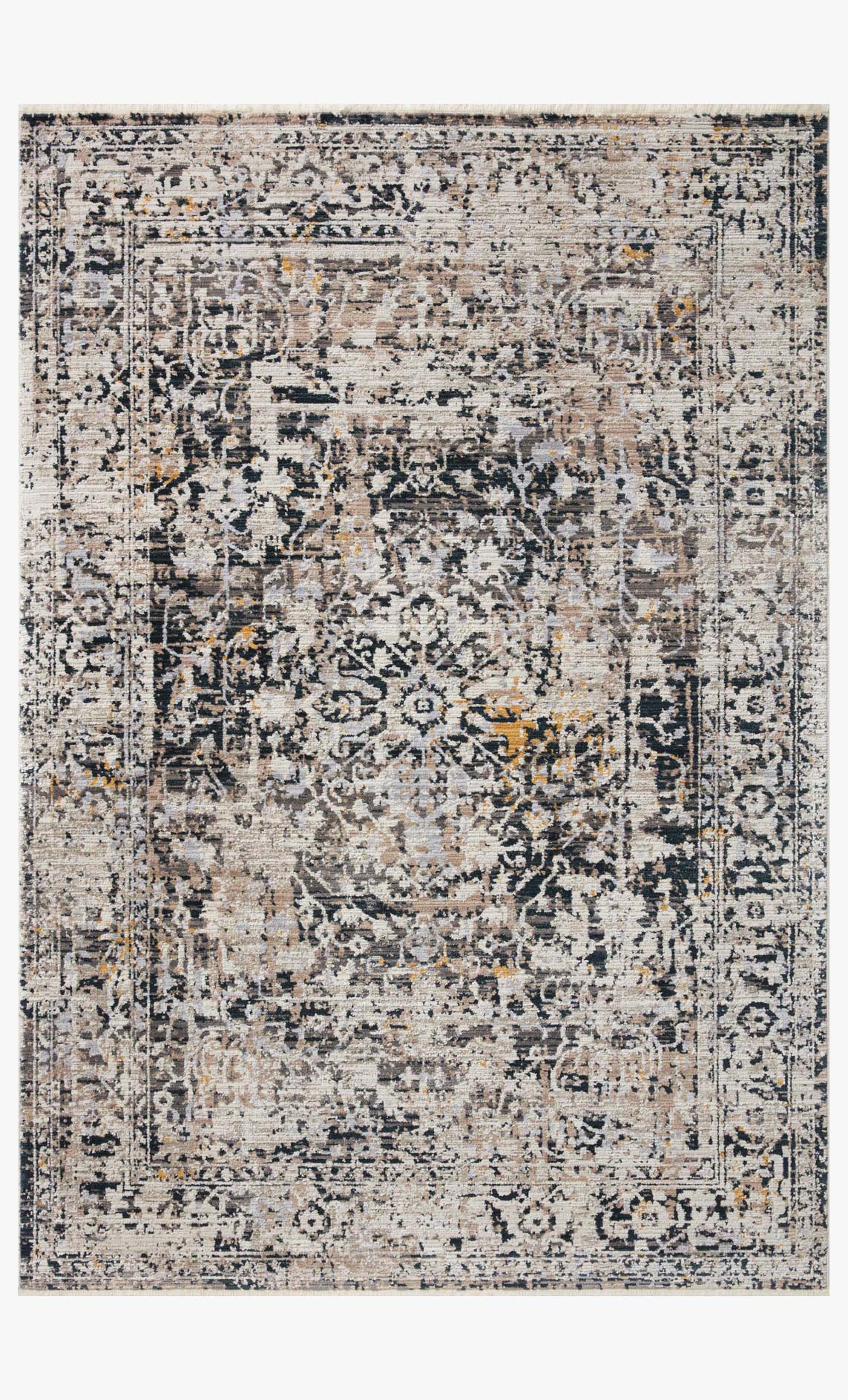 Transitional power-loomed rug with charcoal and taupe abstract distressed pattern