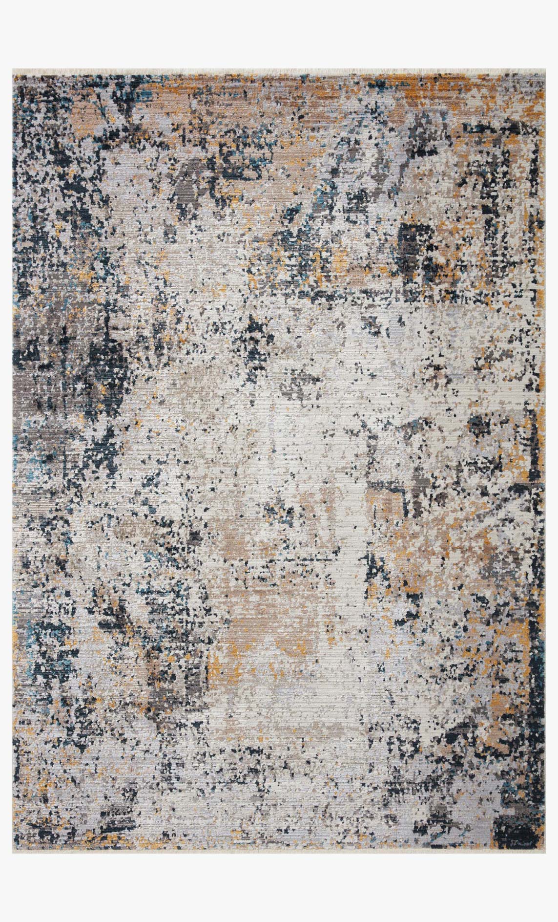Transitional power loomed rug with abstract distressed pattern in silver, blue, and gold tones