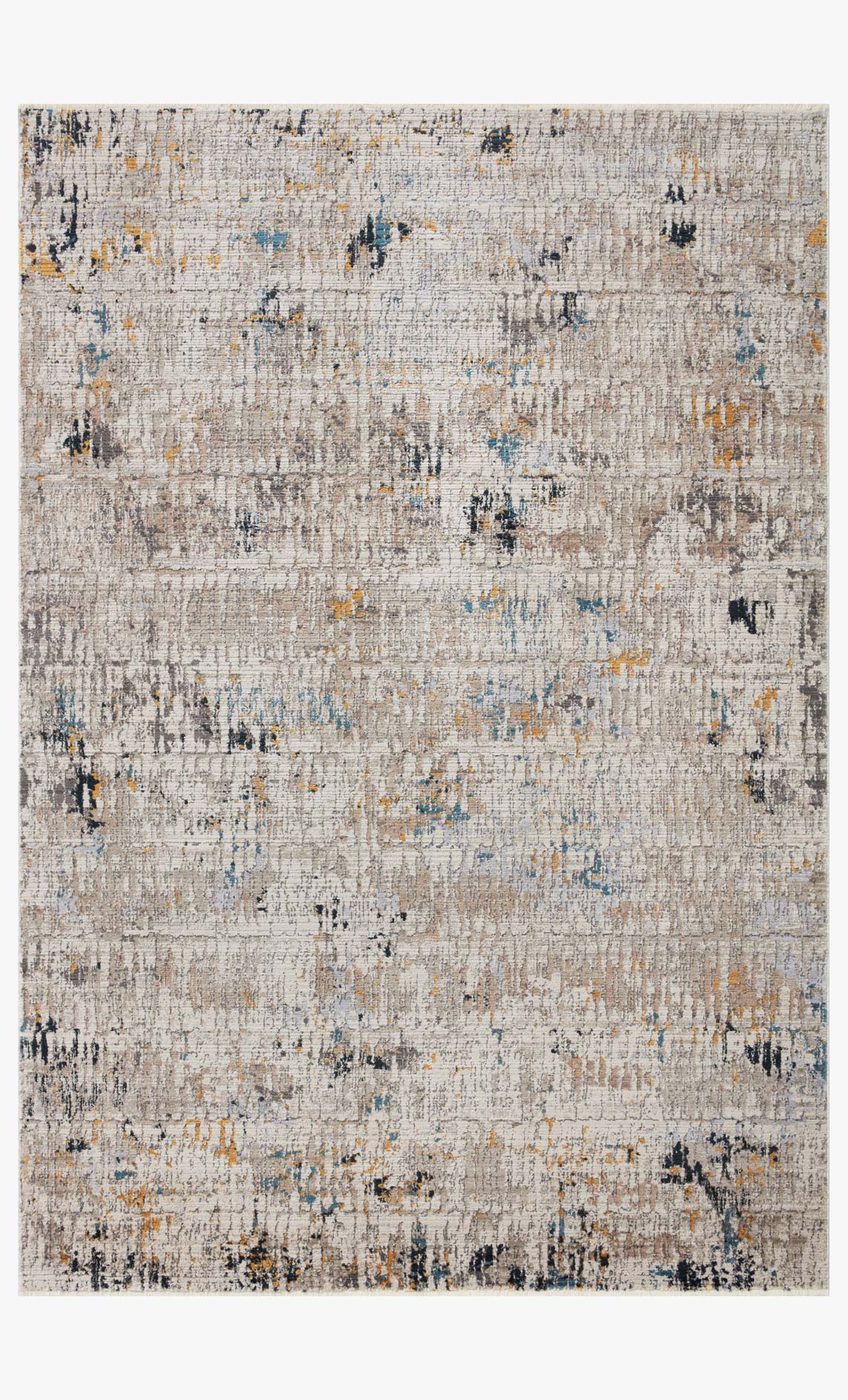 Transitional power-loomed rug in ivory and granite with distressed abstract pattern.