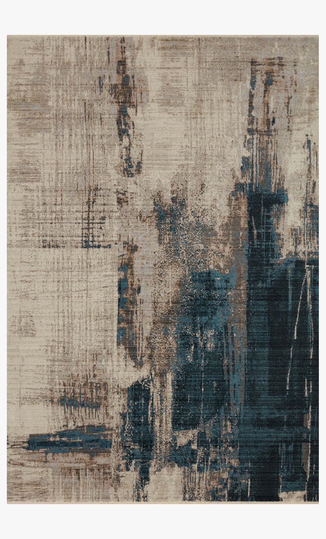 Slate and denim abstract power-loomed rug with distressed texture, rectangular.