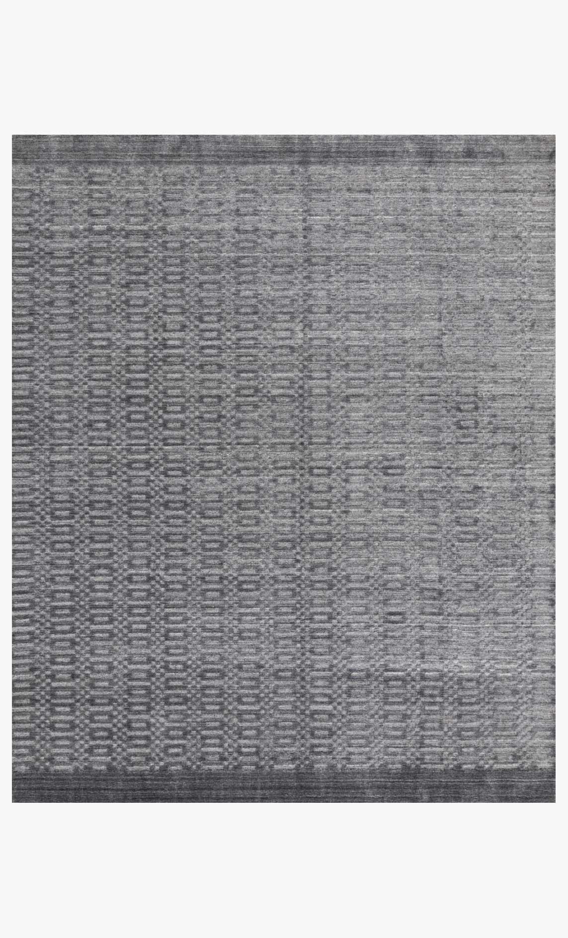 Contemporary hand-loomed rug with geometric woven pattern, steel gray, square layout.