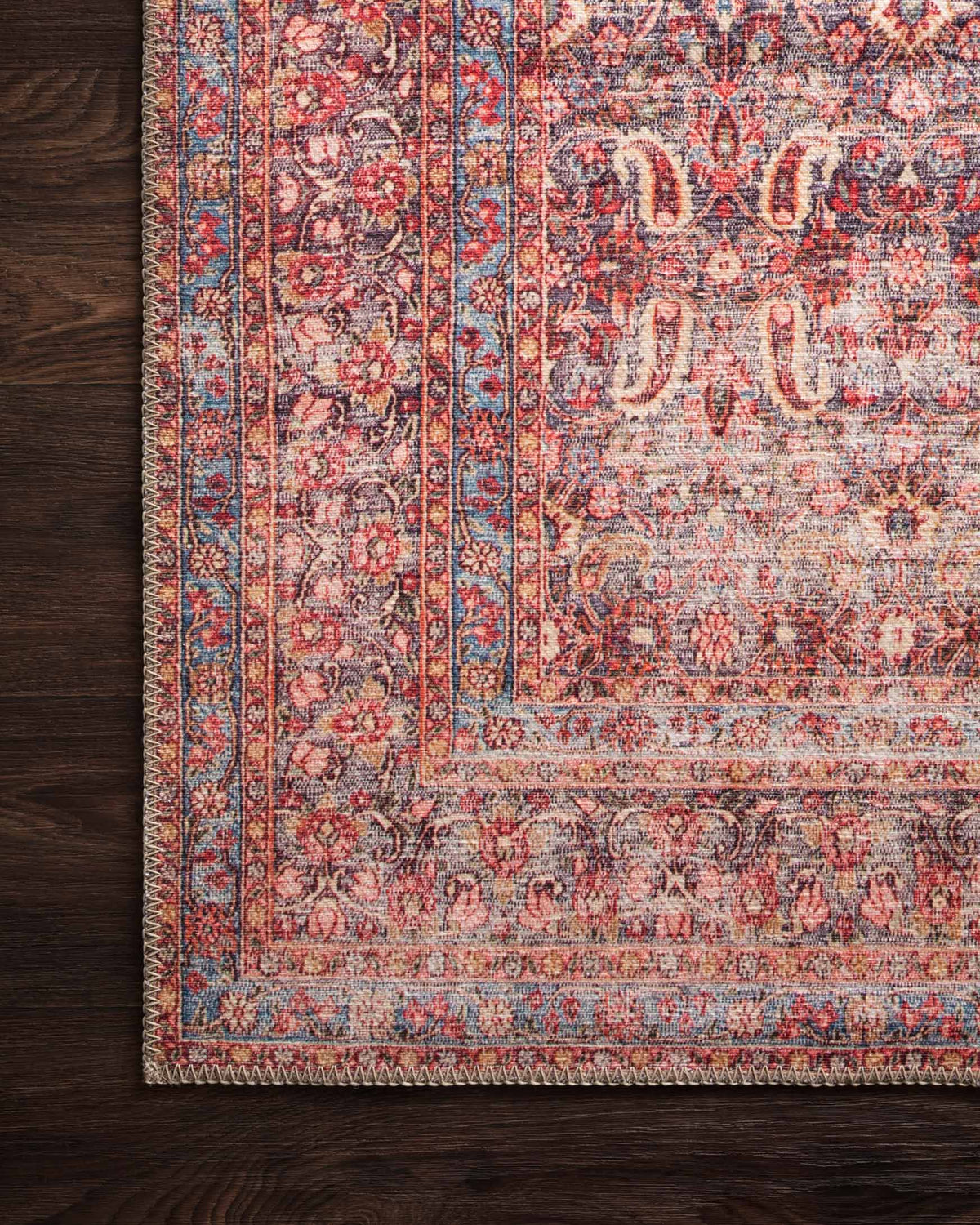 Close-up of traditional rug border with blue accents, red motifs, and cream background