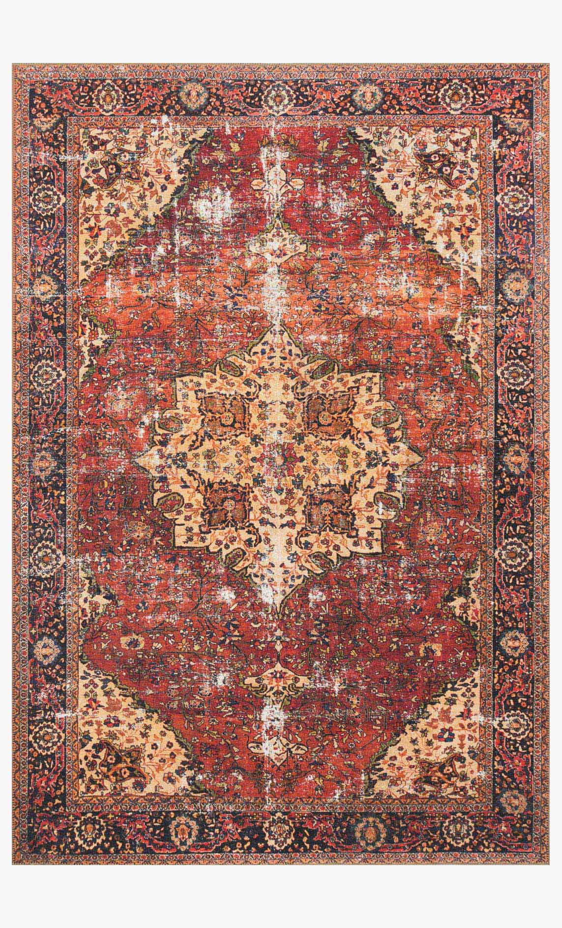 Red, navy and cream traditional power-loomed rug with ornate medallion pattern