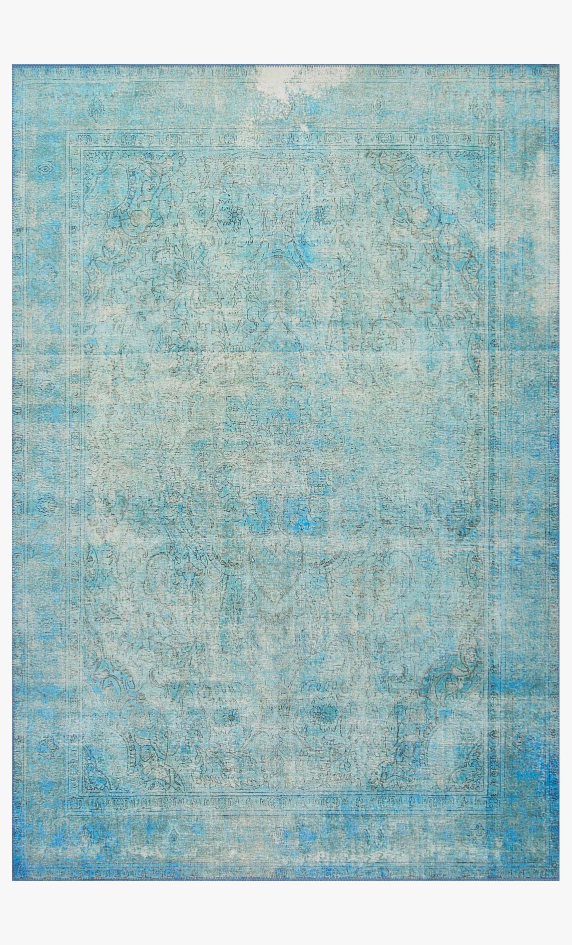 Aqua traditional power-loomed rug with ornate distressed medallion pattern and border