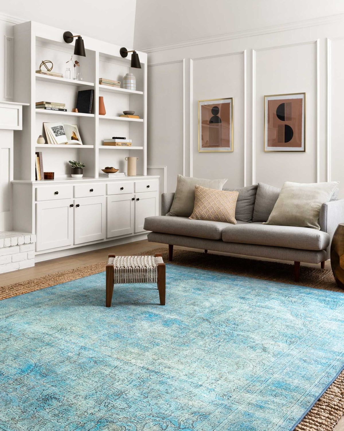 Aqua distressed area rug with vintage pattern, rectangular flatweave texture