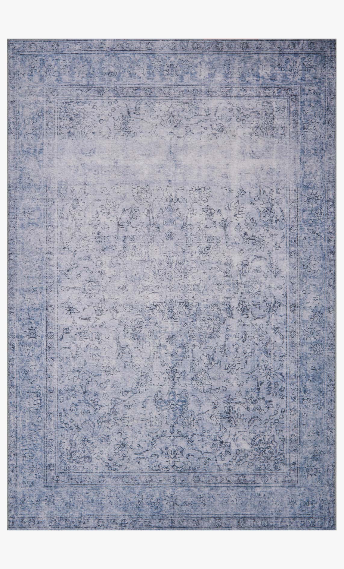 Slate blue traditional area rug with ornate distressed pattern and border