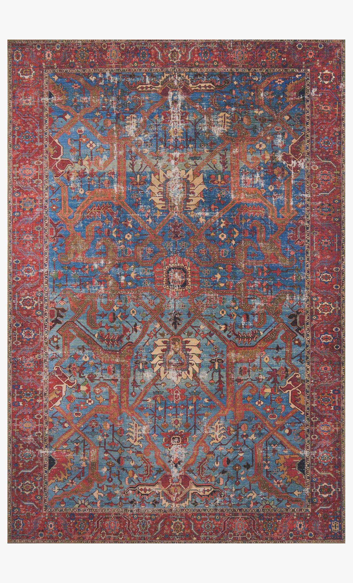 Traditional rug with blue and red medallion pattern, border, and braided fringe edge.
