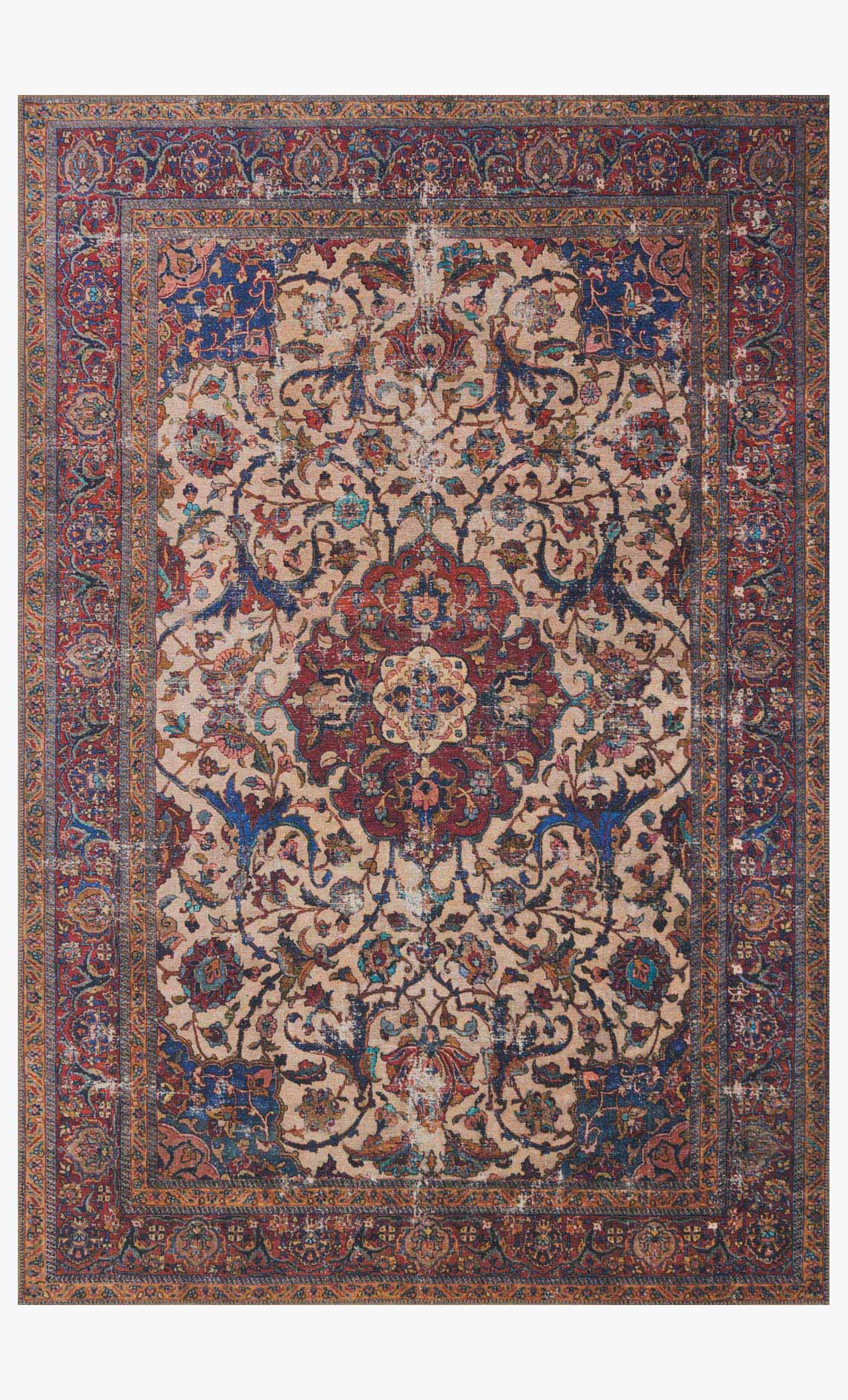 Traditional Persian-style rug with cream, red, and blue medallion pattern and border