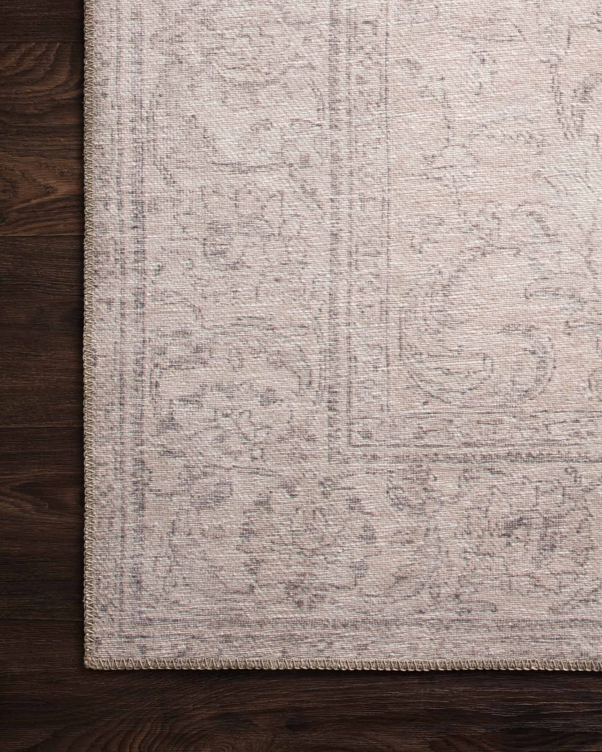 Close-up of sand-toned rug surface with tonal ornamental motifs on border