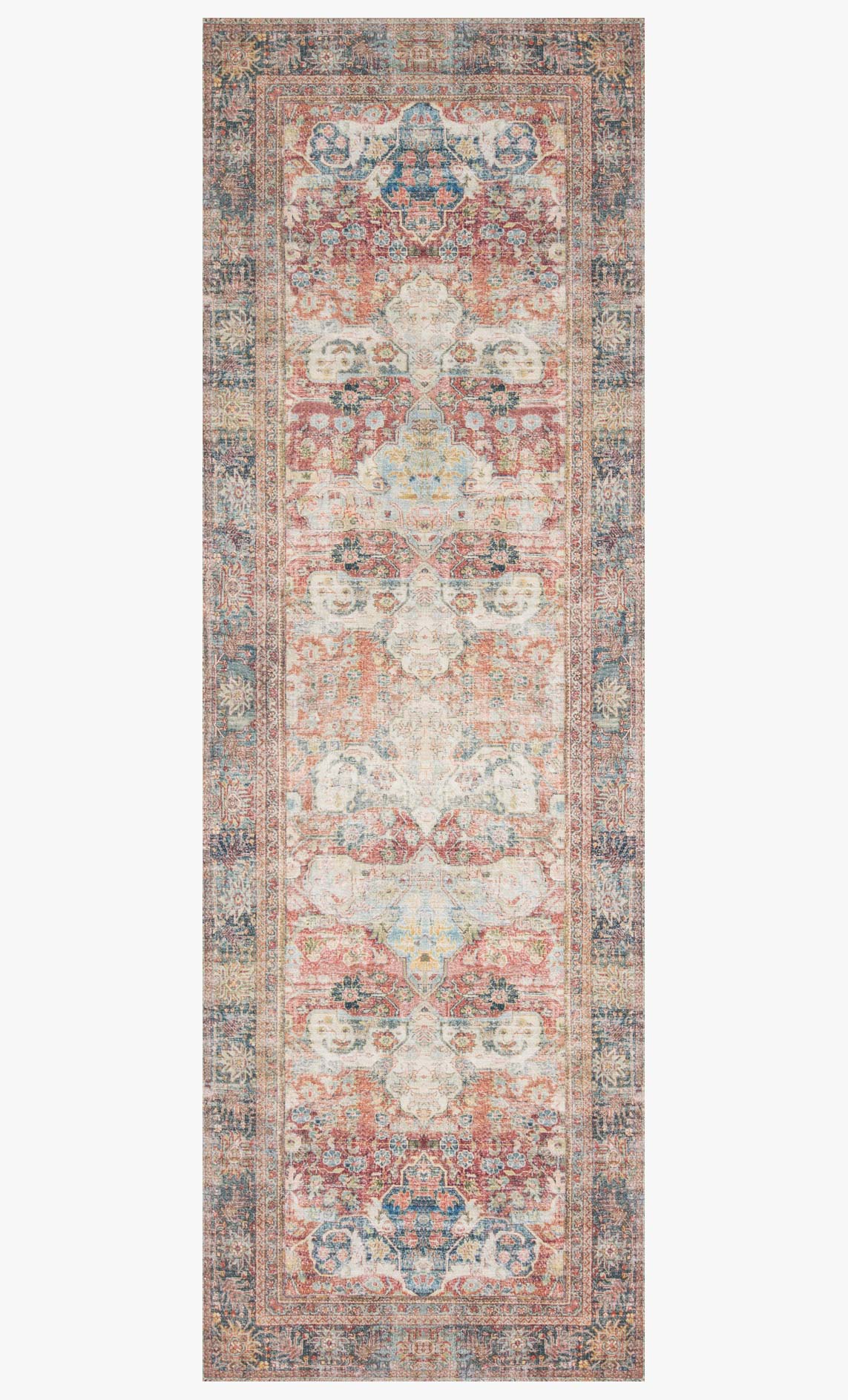 Rectangular traditional rug with central medallion, brick, blue, and cream ornamental detailing.