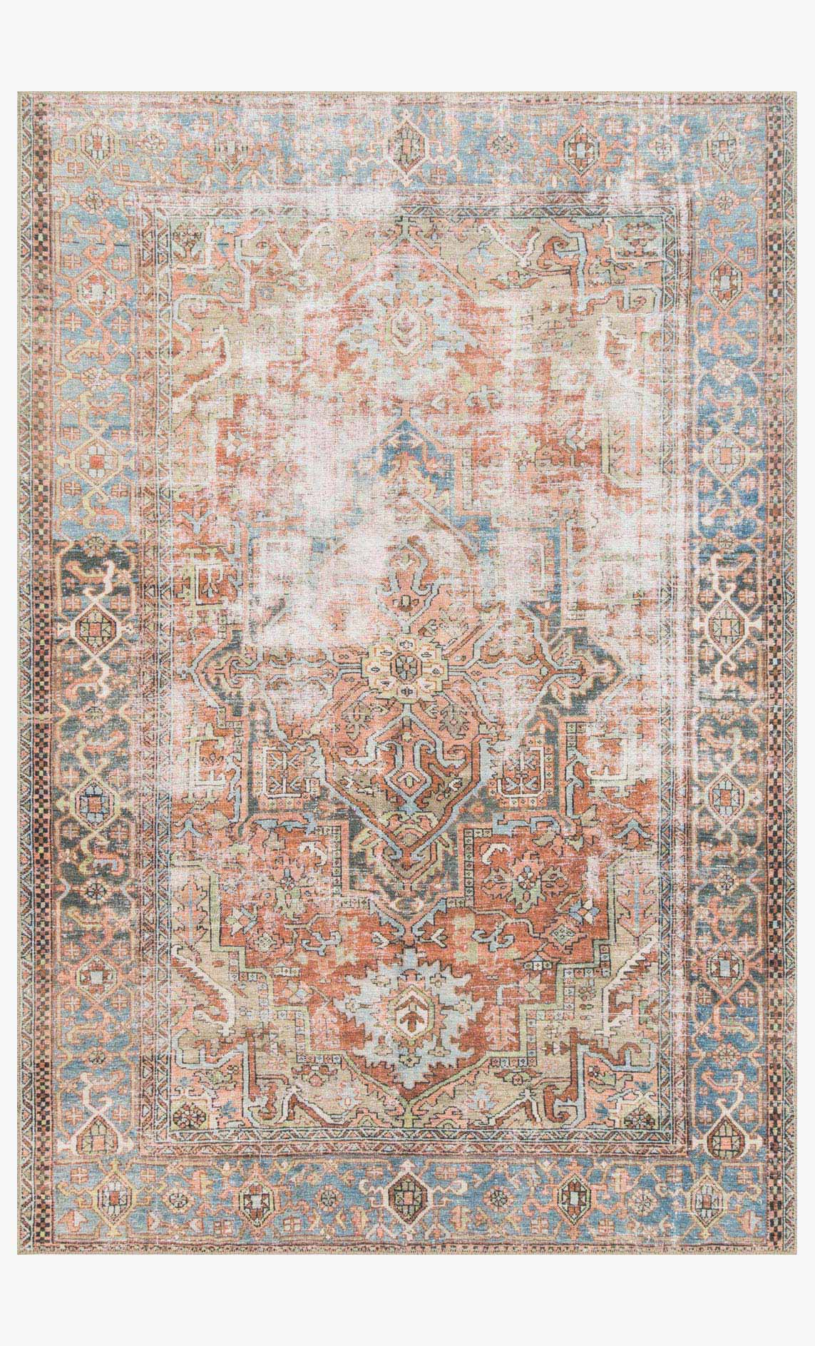 Traditional rectangular area rug with ornate terracotta, blue, and cream pattern and border.