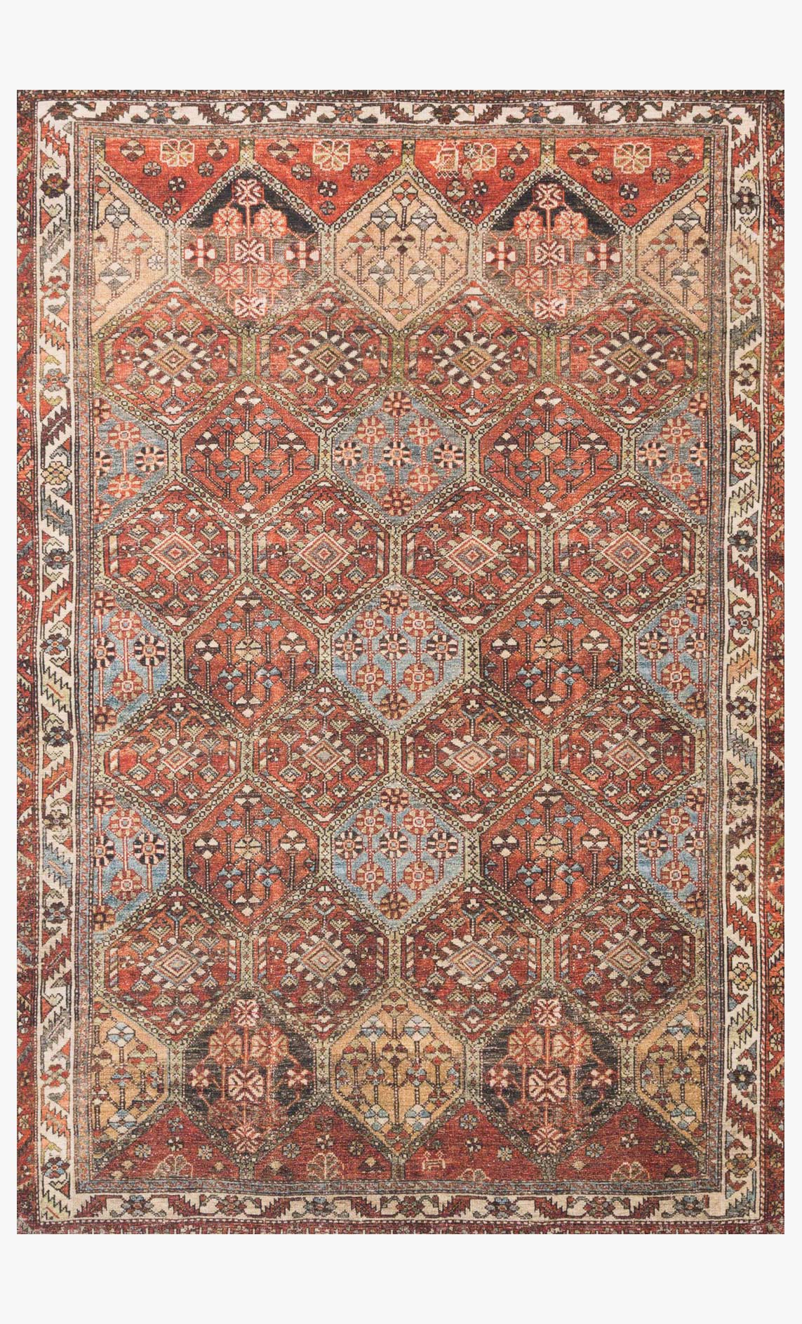 Spice red traditional patterned rug with beige, blue, and ivory geometric motifs