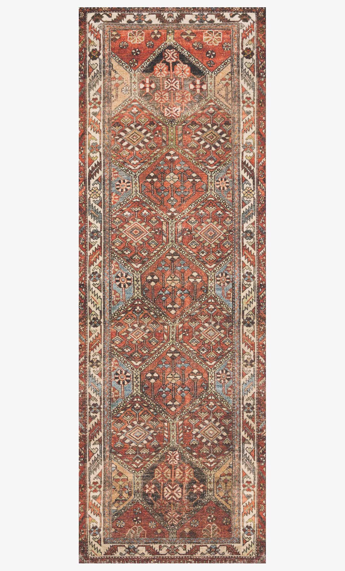 Tall view of spice red traditional area rug with central diamond medallions