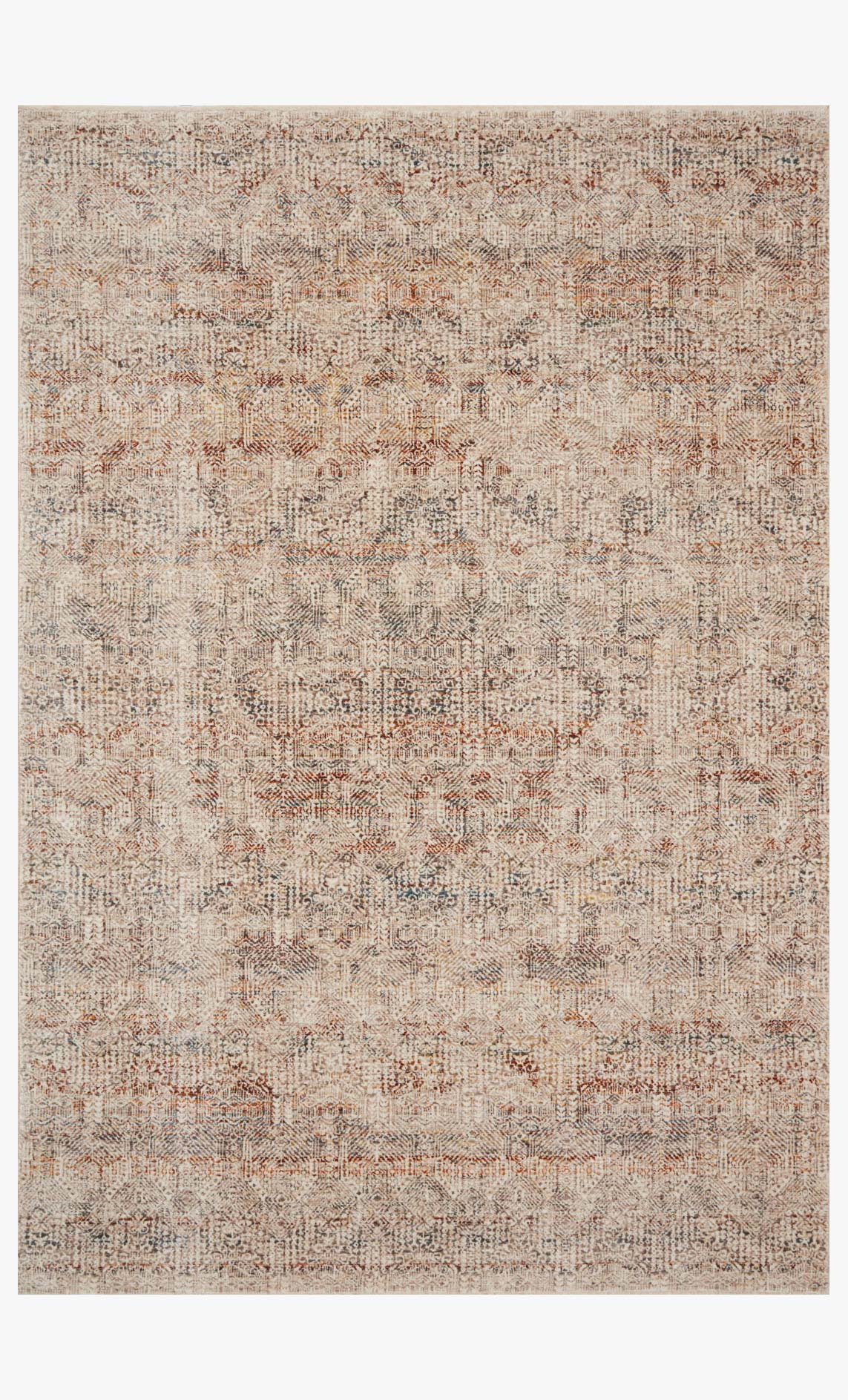 Power-loomed rug, ivory with spice rust distressed motifs and speckled texture