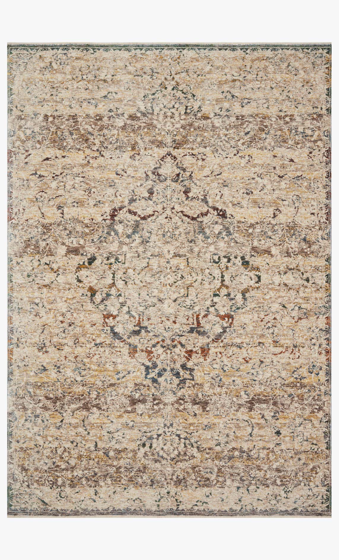 Ivory rectangular rug with distressed medallion-style pattern and dark border trim