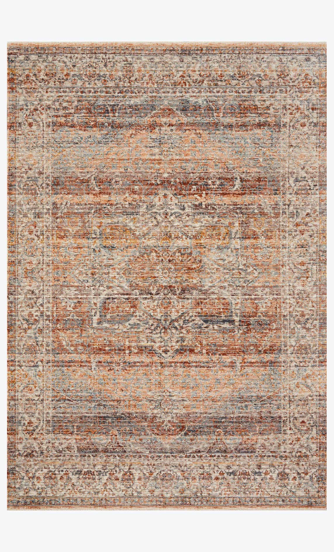 Power-loomed traditional rug, cream base with orange and blue speckled pattern and border.