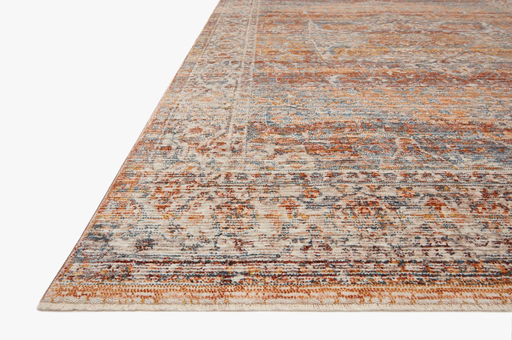 Traditional rug corner with cream, orange, and blue distressed stripe pattern.