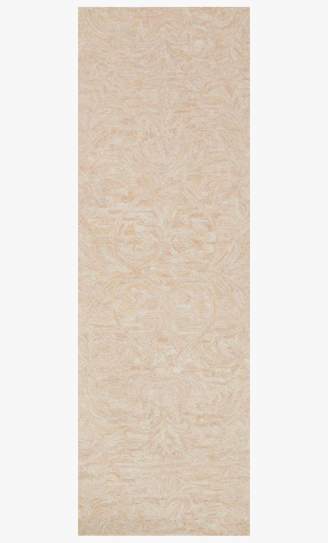 Blush transitional hooked rug with vertical field of swirling leaf pattern