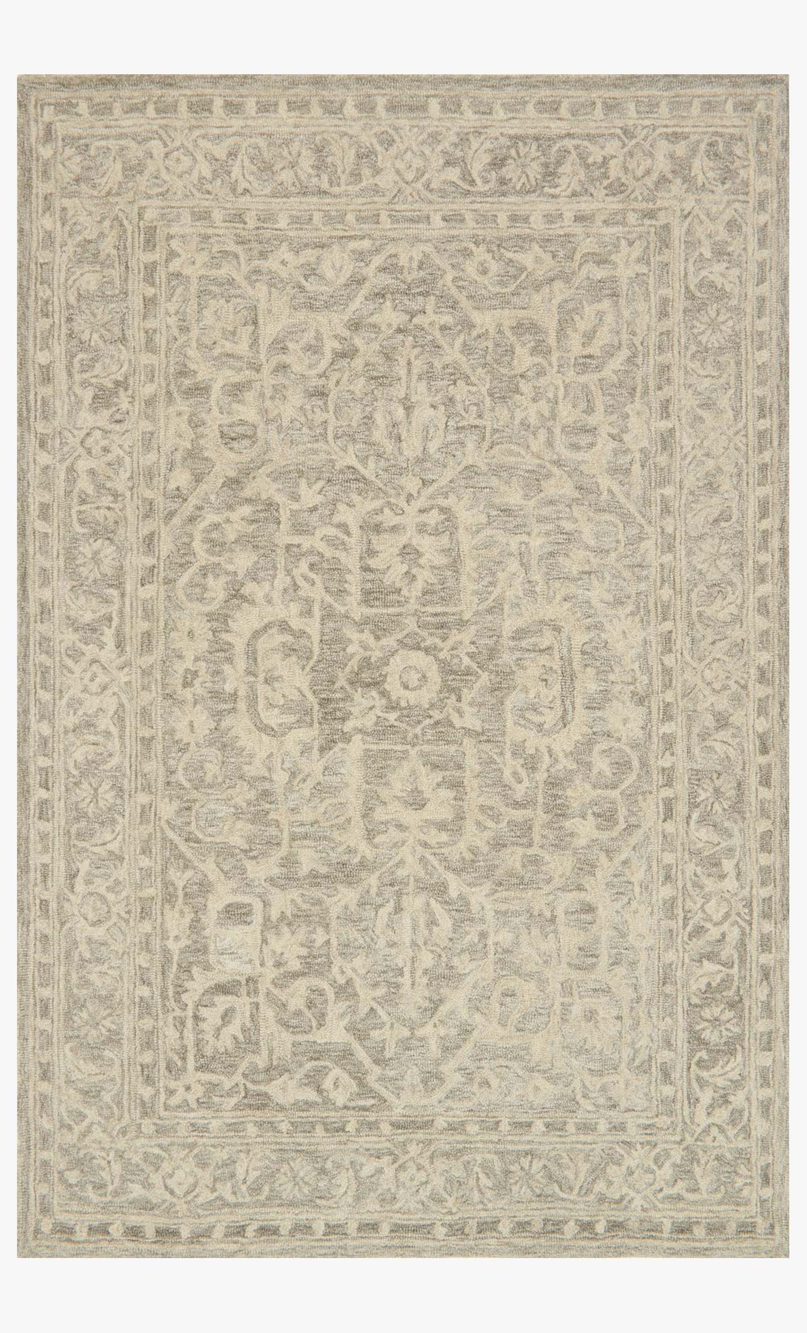 Transitional hooked rug in light stone beige with ornate medallion and border pattern