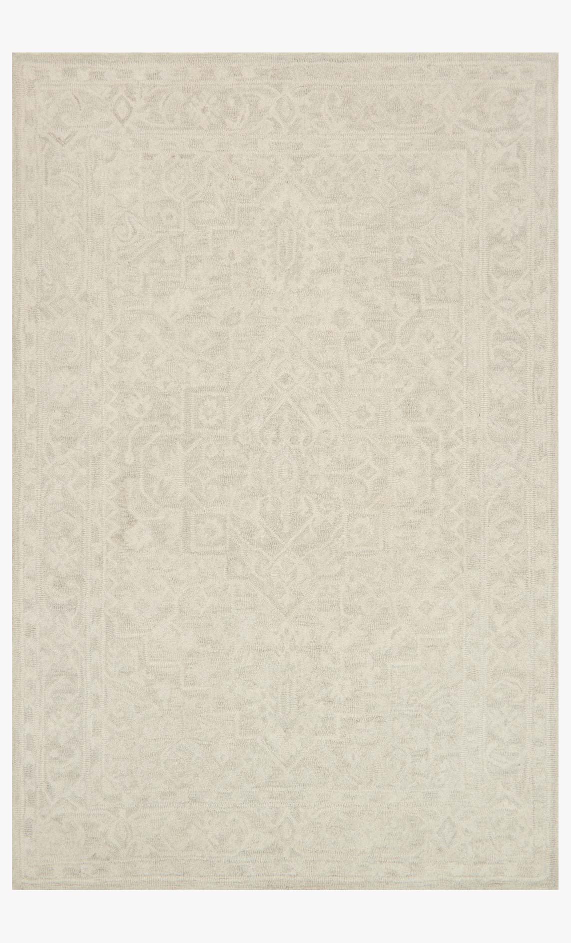 Bone hooked area rug with subtle geometric pattern, rectangular layout