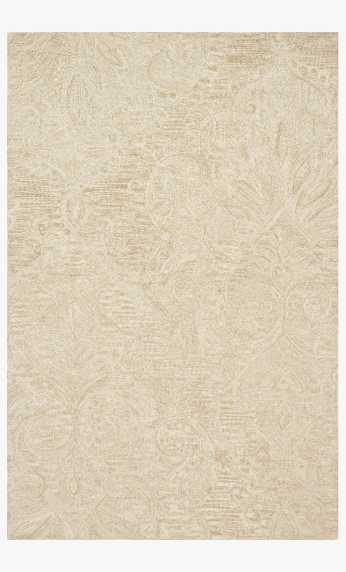 Sand hooked rug with light beige raised scroll pattern