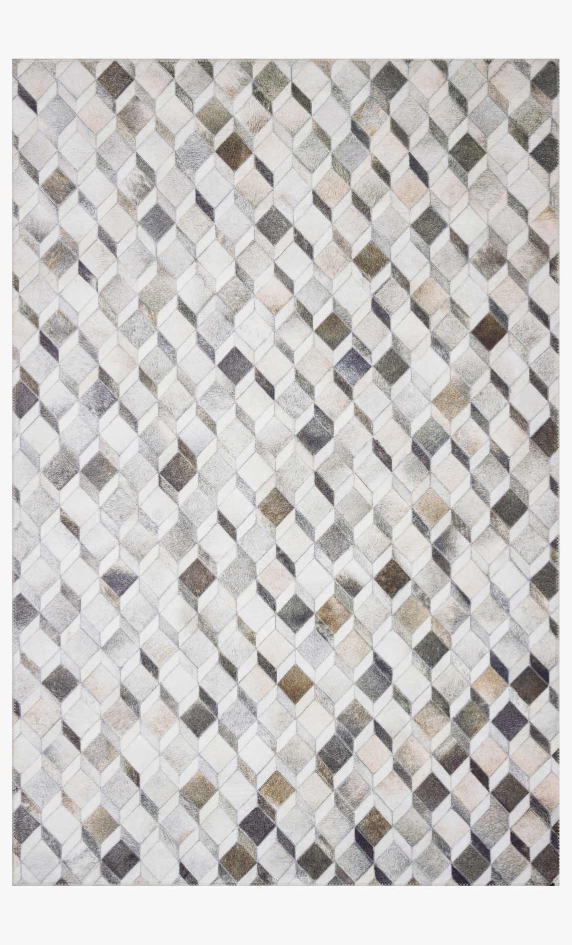 Grey and mocha geometric rug with repeating diamond cube pattern.