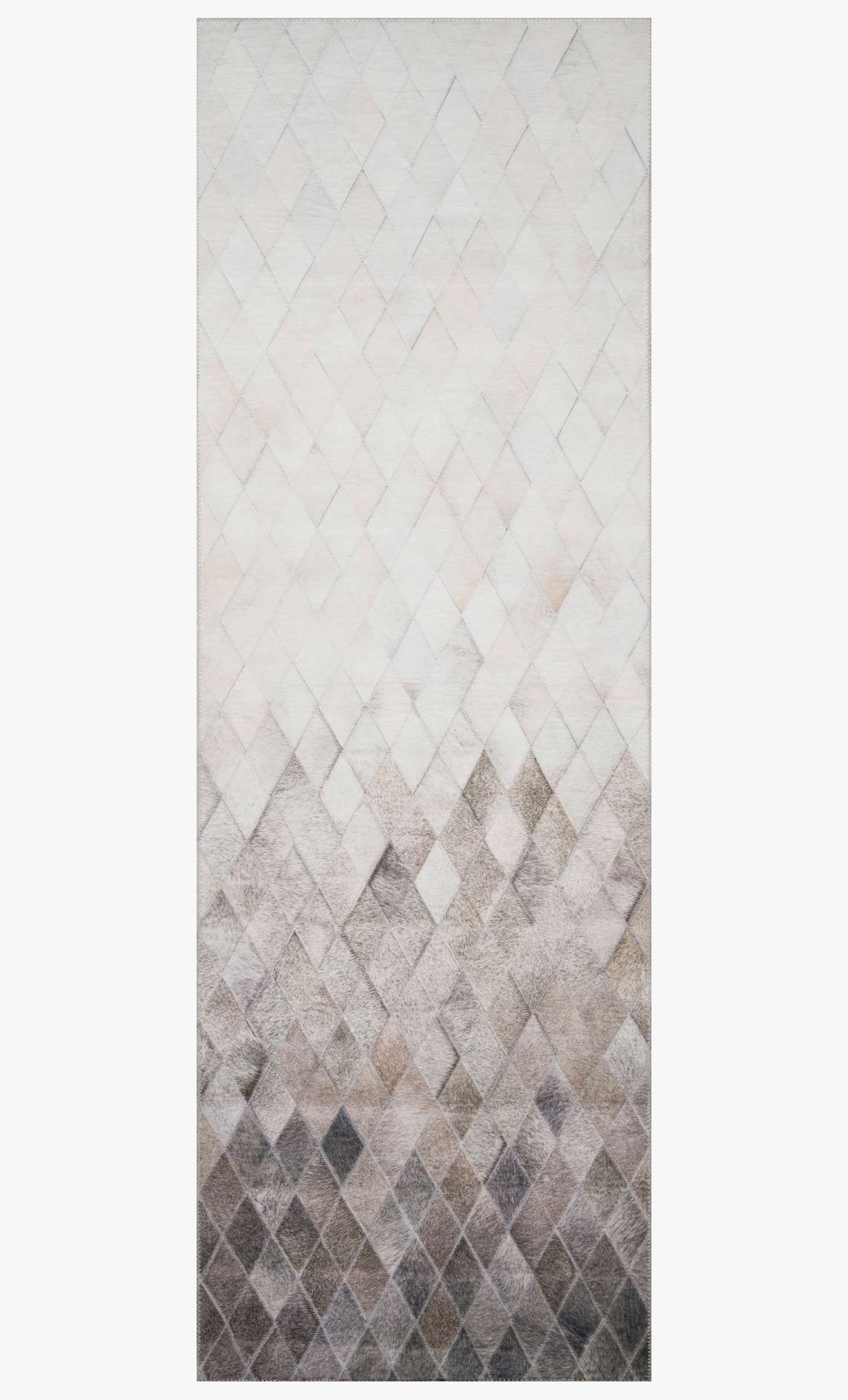 Sand and taupe rug with repeating diamond pattern, full vertical view