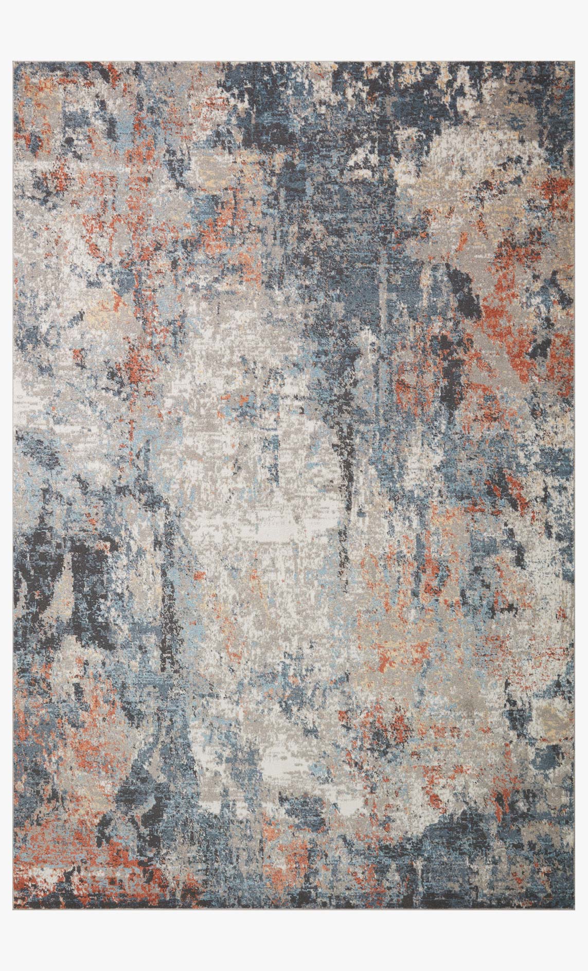 Silver, apricot and charcoal abstract distressed power-loomed rug with mottled pattern.