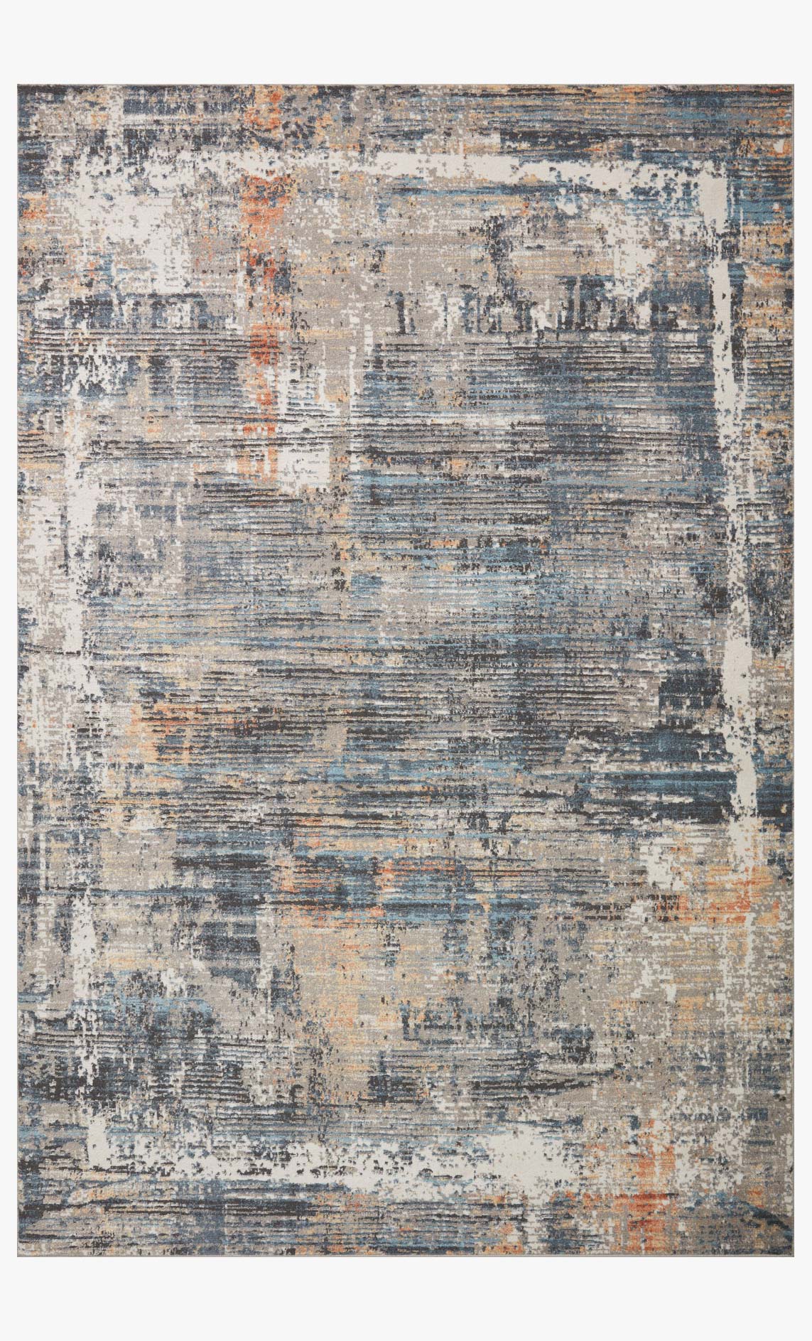 Slate blue and apricot distressed abstract rug, power loomed contemporary design