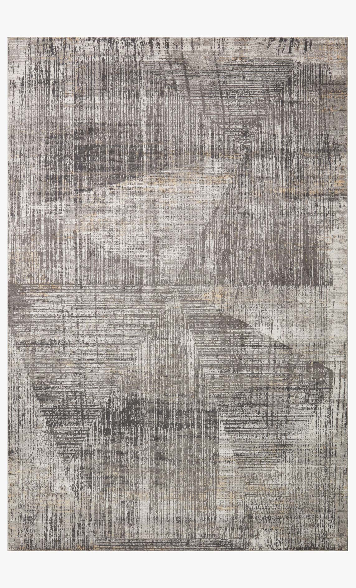Contemporary power-loomed area rug with abstract gray and gold distressed pattern