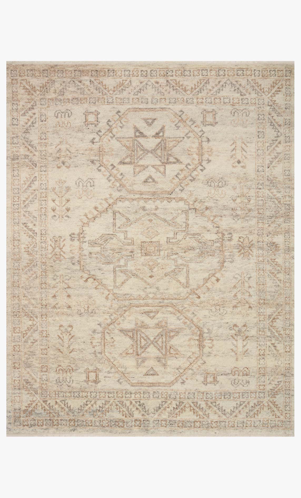 Natural and mocha woven area rug with geometric medallion and border pattern.