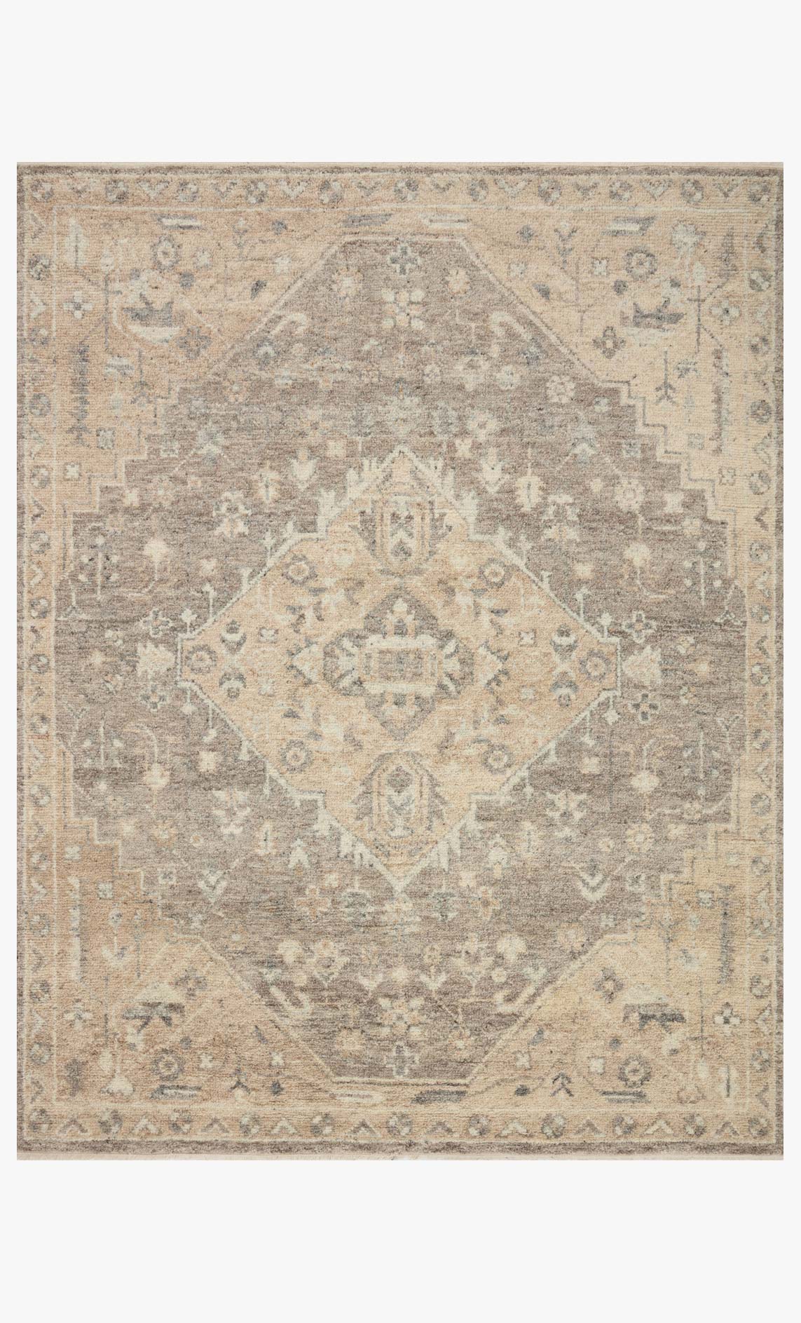 Traditional hooked rug in taupe and camel with ornate geometric medallion pattern border