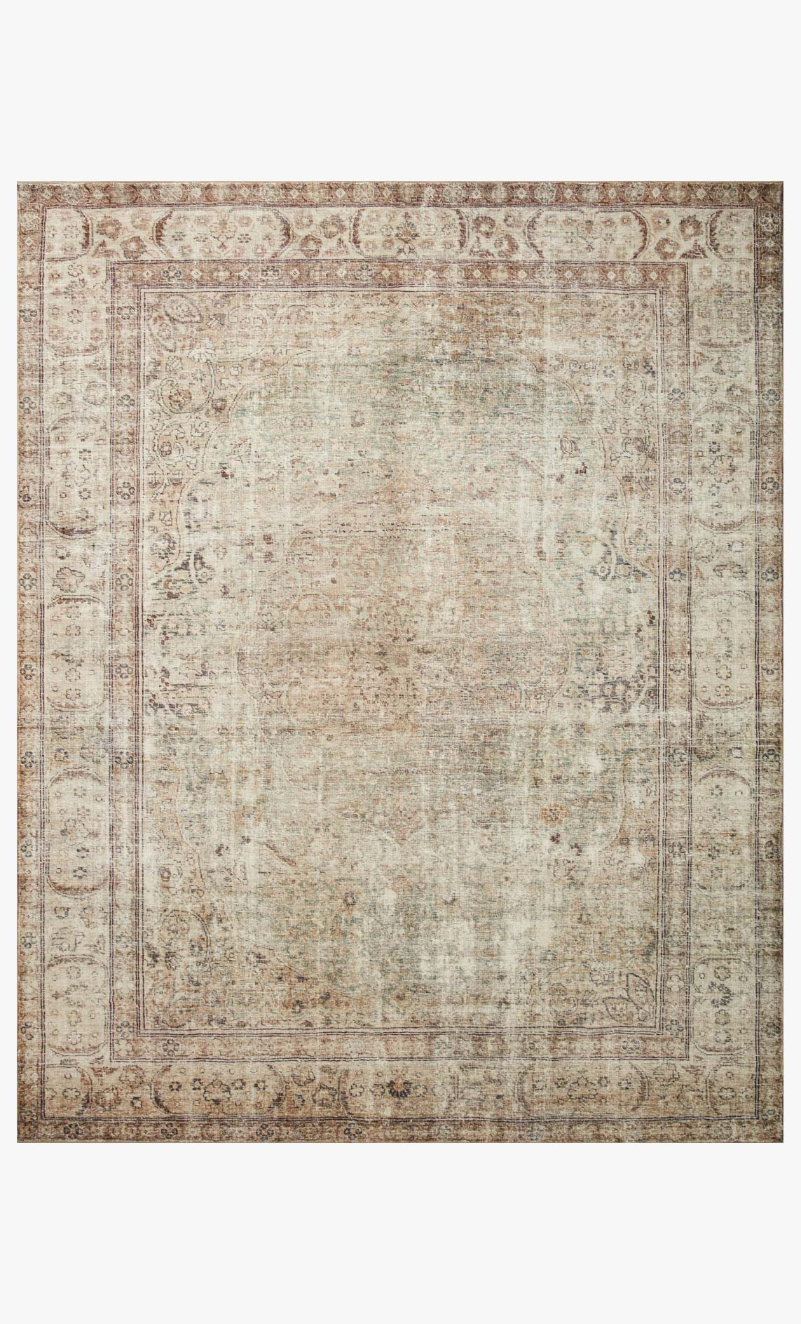 Antique beige power-loomed area rug with ornate border pattern and muted sage accents
