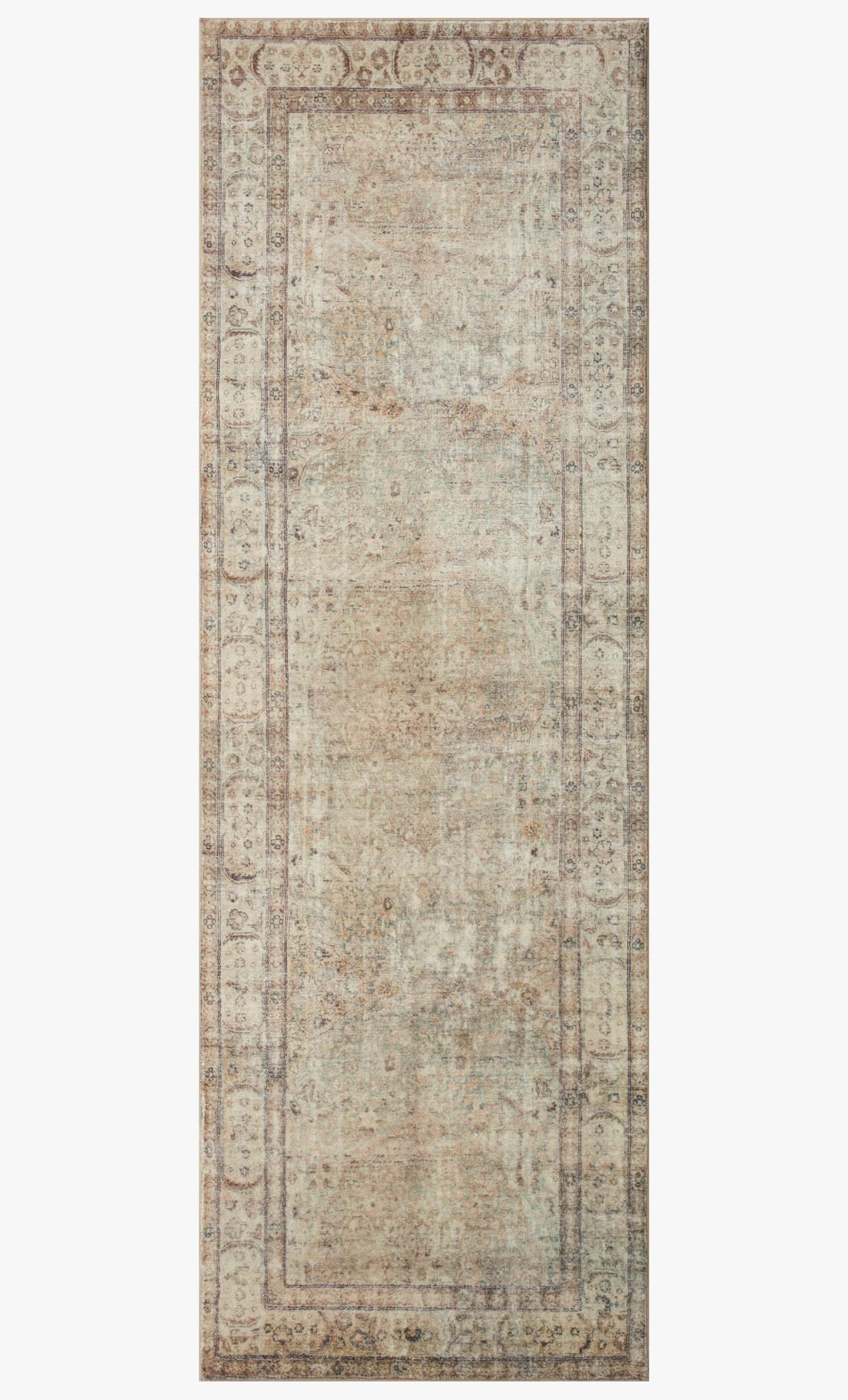 Rectangular antique beige rug with symmetrical vintage motifs and decorative frame border